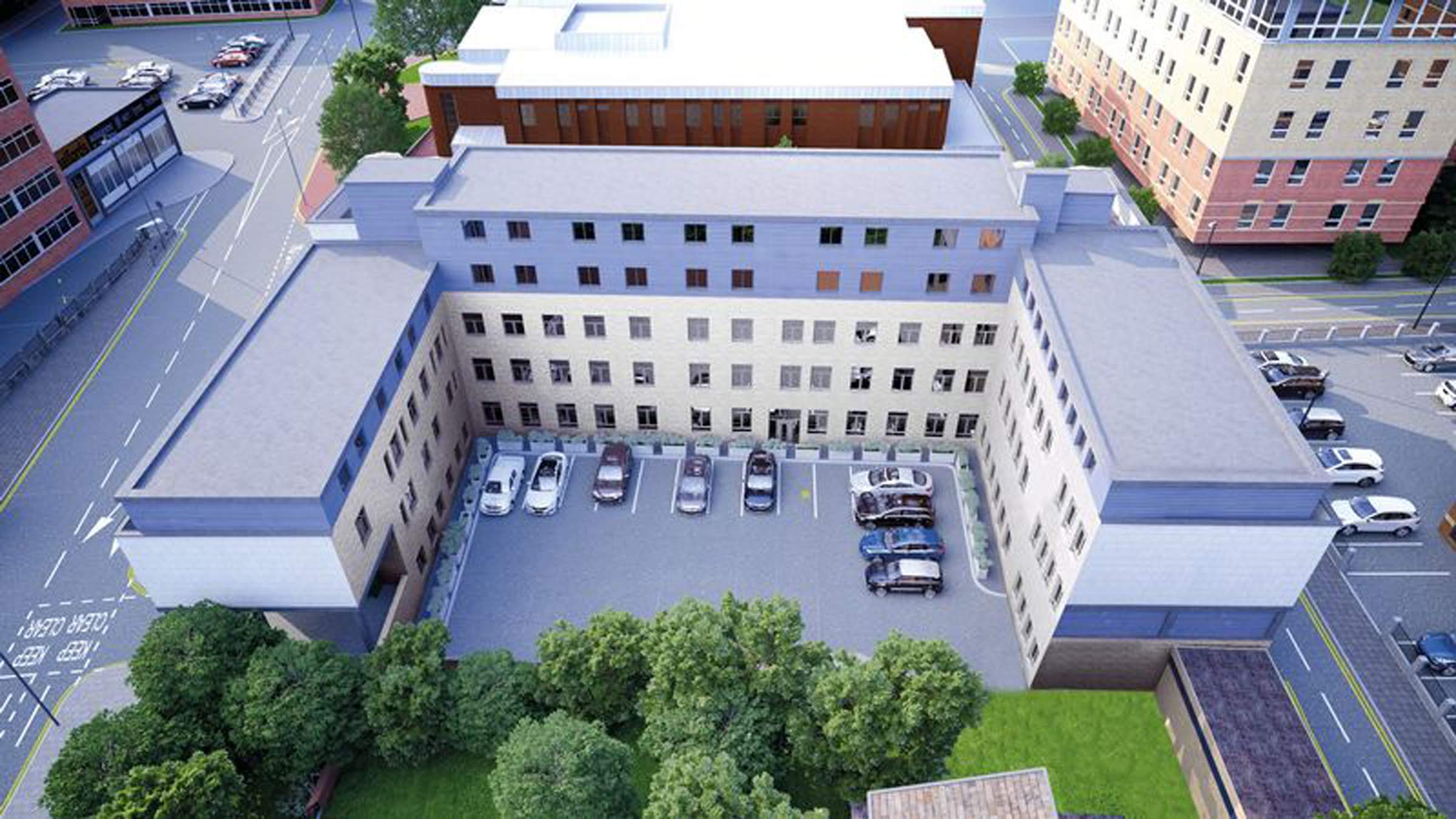 Birds eye view of police station converted into flats.