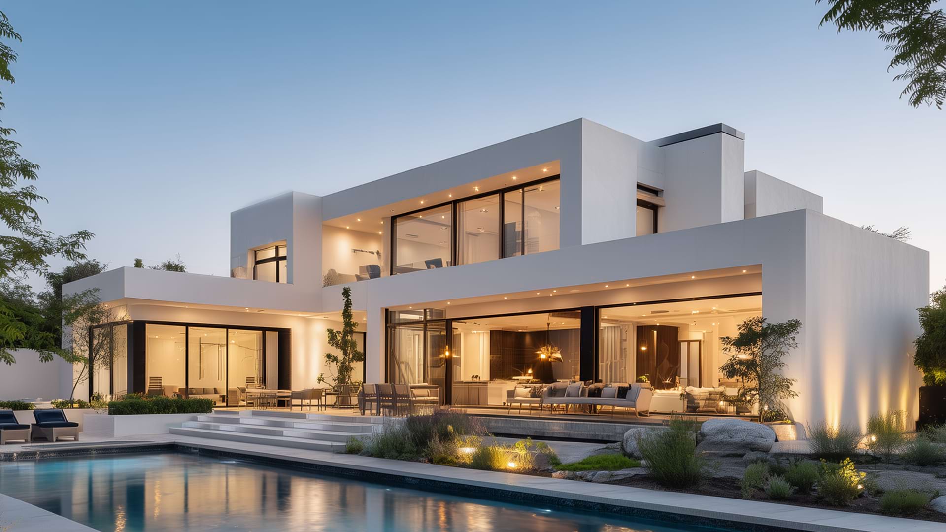 Spacious modern villa at dusk with large windows and soft exterior lighting, surrounded by greenery. A tranquil pool reflects the elegant architecture.