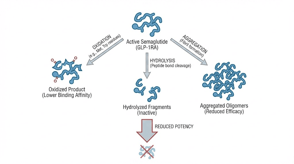 Semaglutide degradation pathways showing oxidation hydrolysis and aggregation mechanisms