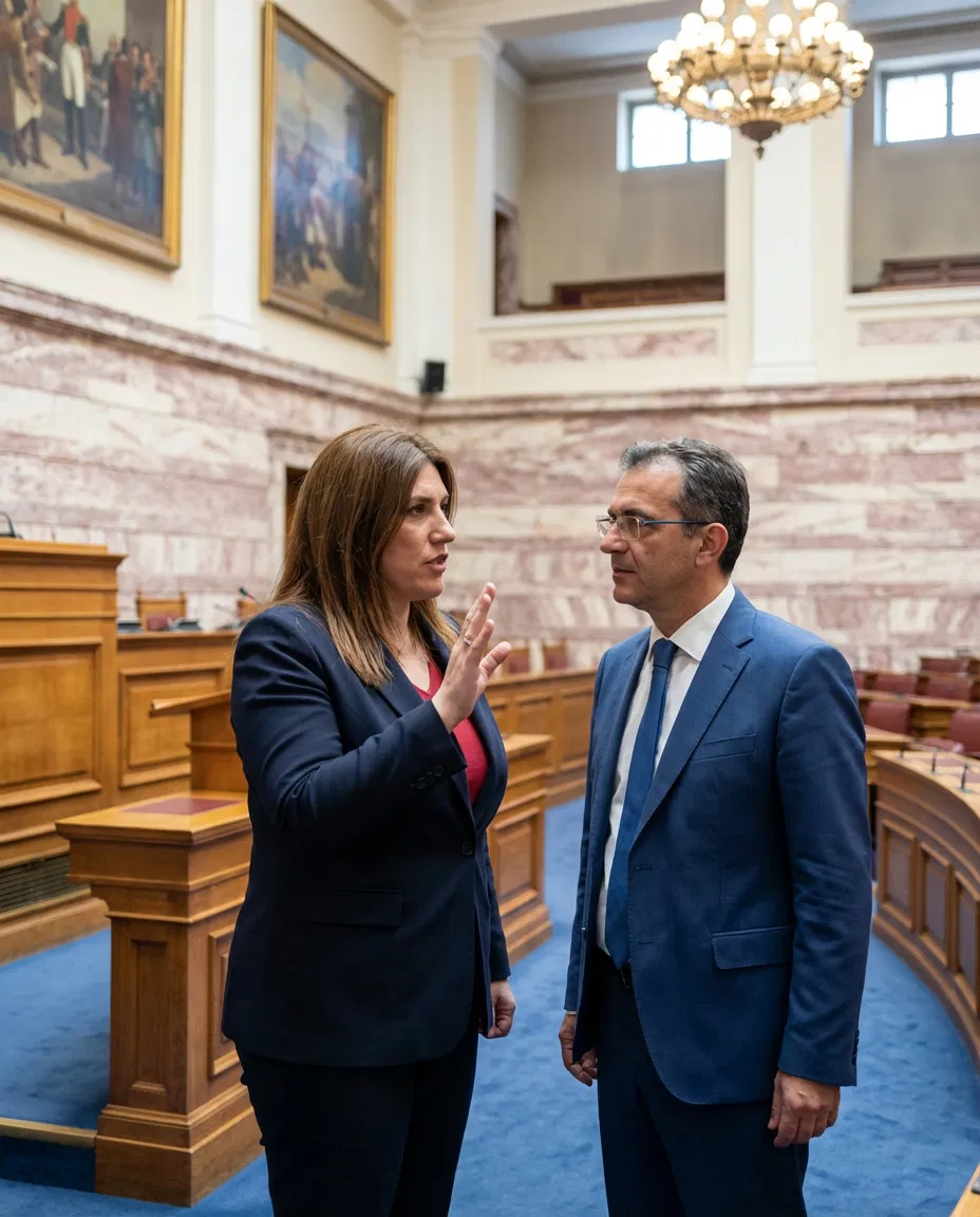 Zoe Konstantopoulou and Nikitas Kaklamanis during a formal political exchange