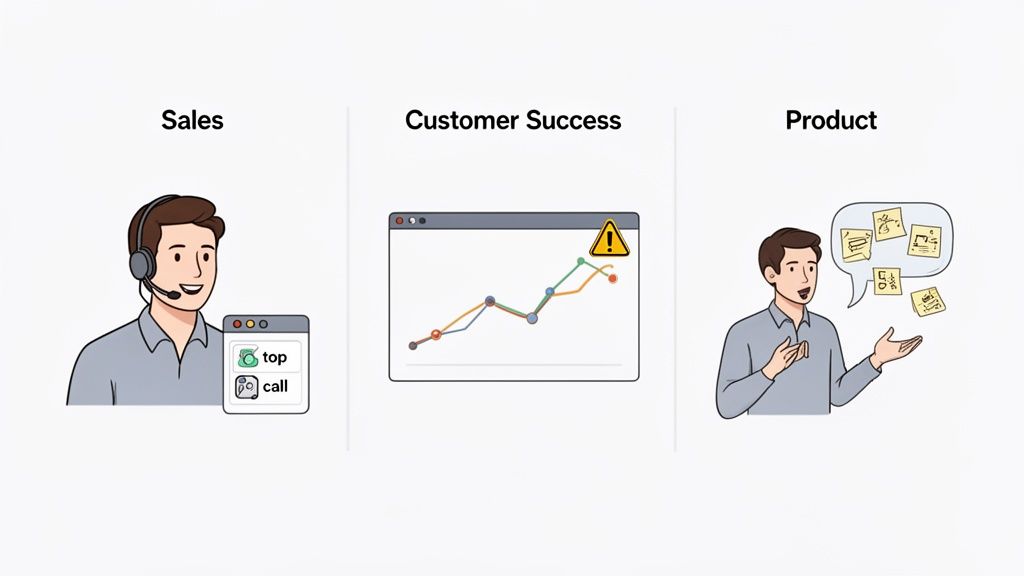 Illustrations of Sales, Customer Success, and Product roles, highlighting their key activities.