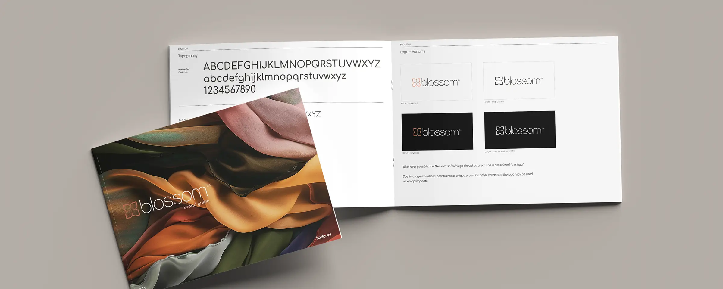 Blossom Brand Guidelines: Open documentation showing brand typography and rules for logo usage on different backgrounds.