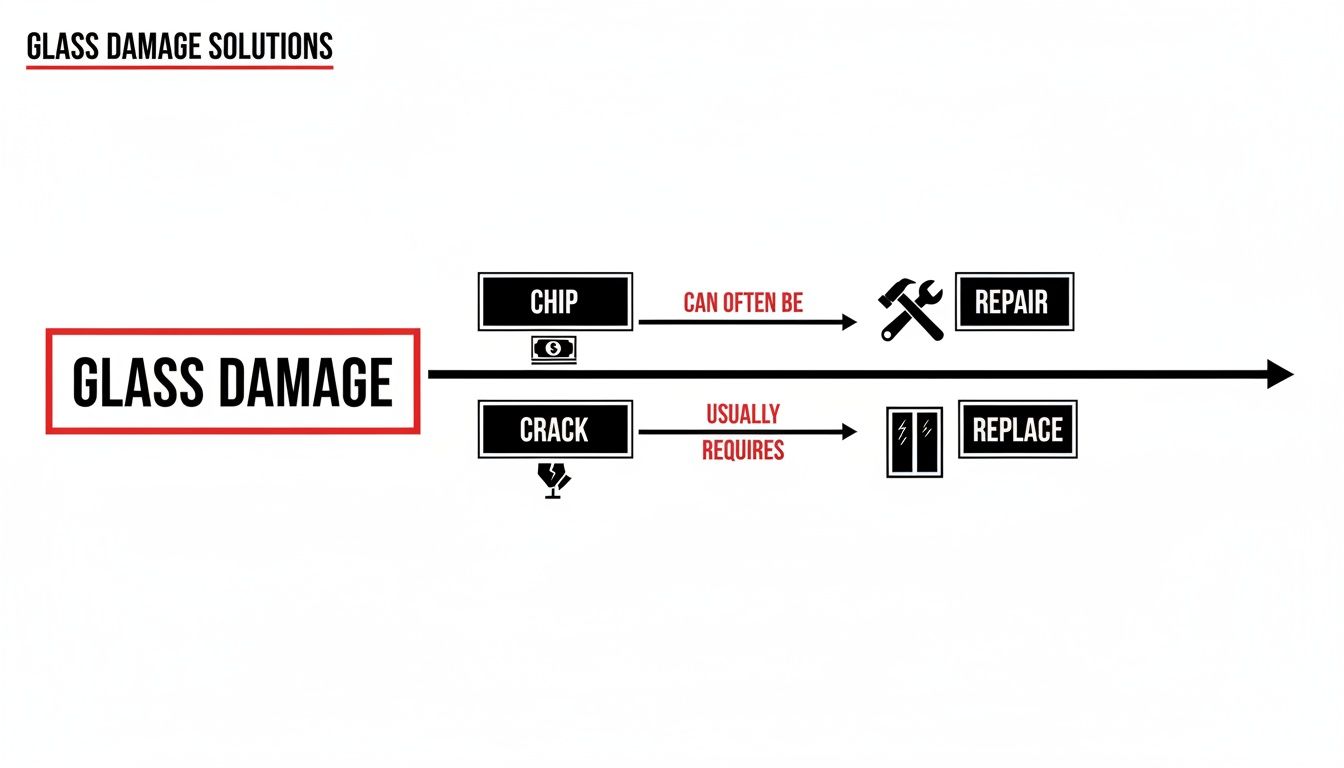 Flowchart illustrating glass damage solutions: chips can be repaired, cracks usually require replacement.