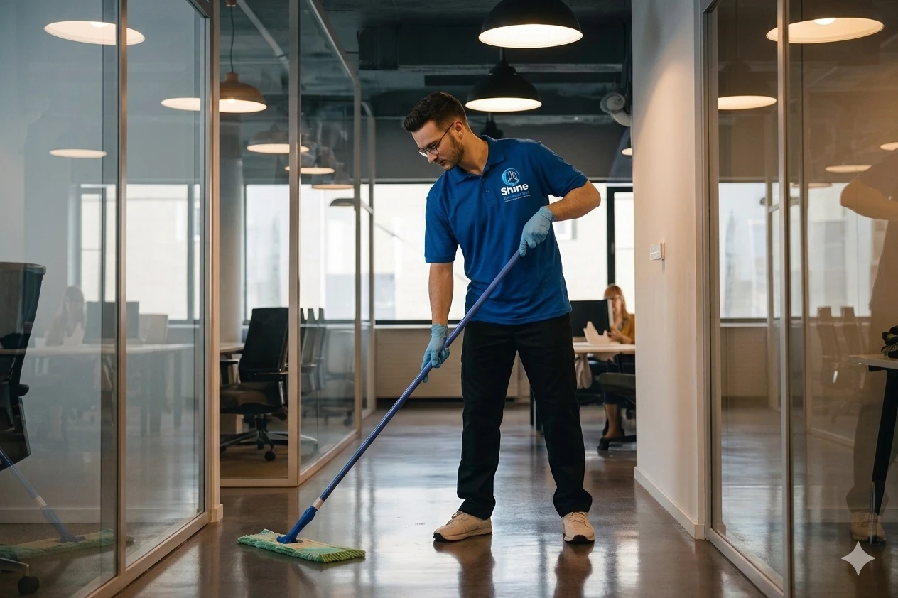 Shine Services cleaner mopping an office corridor