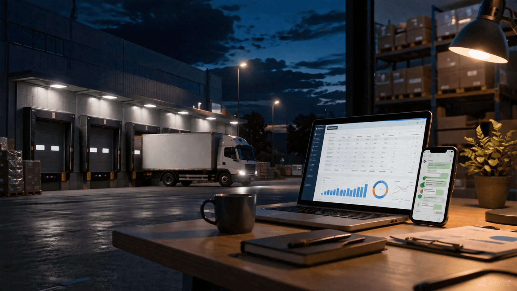 Cena em proporção 16:9, estilo 3D realista, mostrando um centro de distribuição à noite com caminhões estacionados e docas iluminadas. Em primeiro plano, uma mesa de trabalho com notebook exibindo dashboard de vendas, um smartphone com conversa de pedidos e alguns objetos de escritório. O ambiente contrasta a operação ativa fora do horário comercial com a gestão digital acontecendo de forma automatizada, sem presença humana.