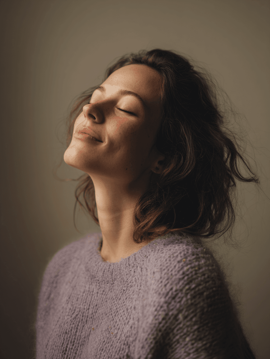 Vrouw met gesloten ogen, ontspannen in een zachte paarse trui.