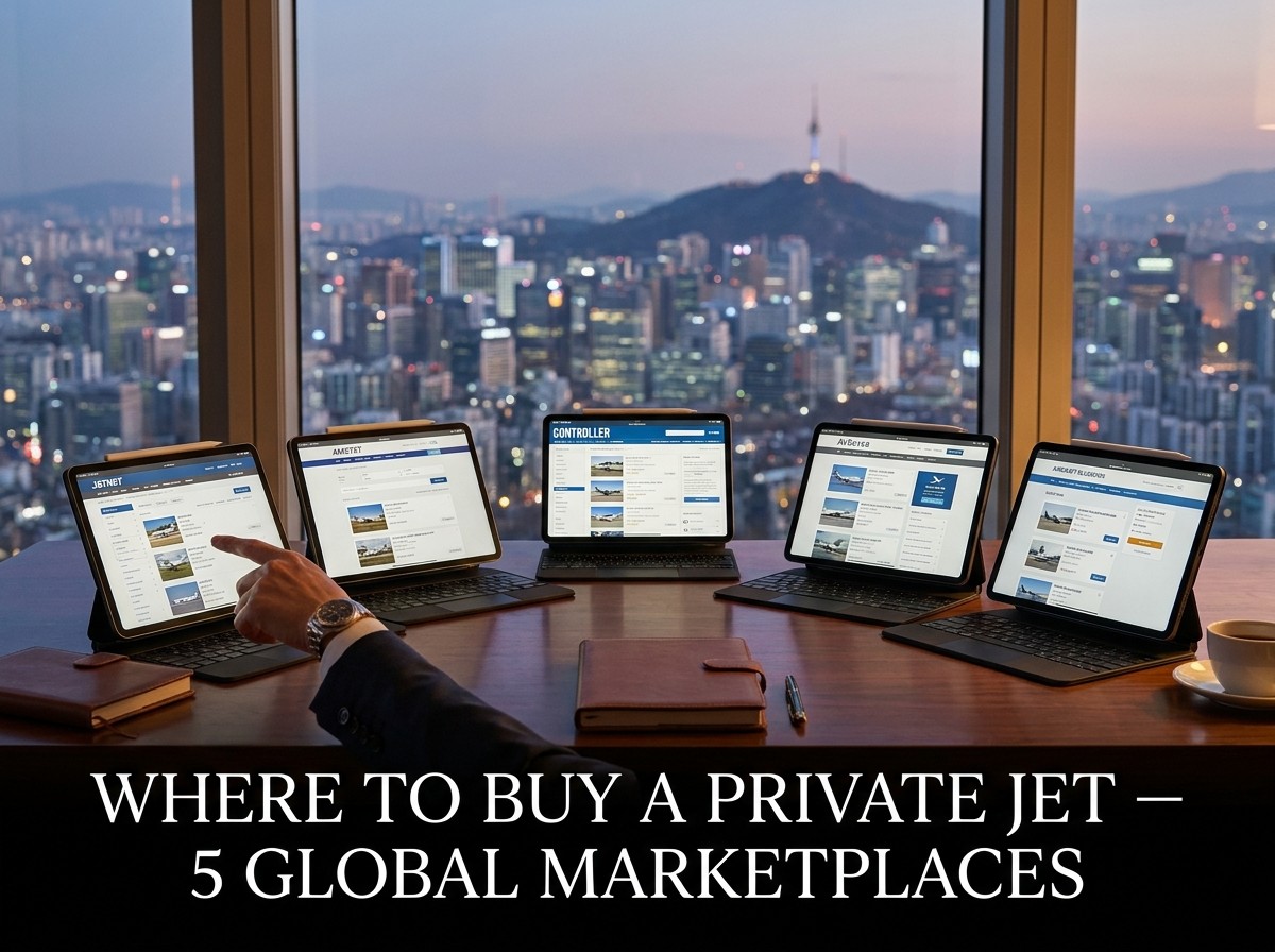Where to buy a private jet — JetNet, AMSTAT, Controller, AvBuyer, Aircraft Bluebook marketplace guide for Korean HNW 2026