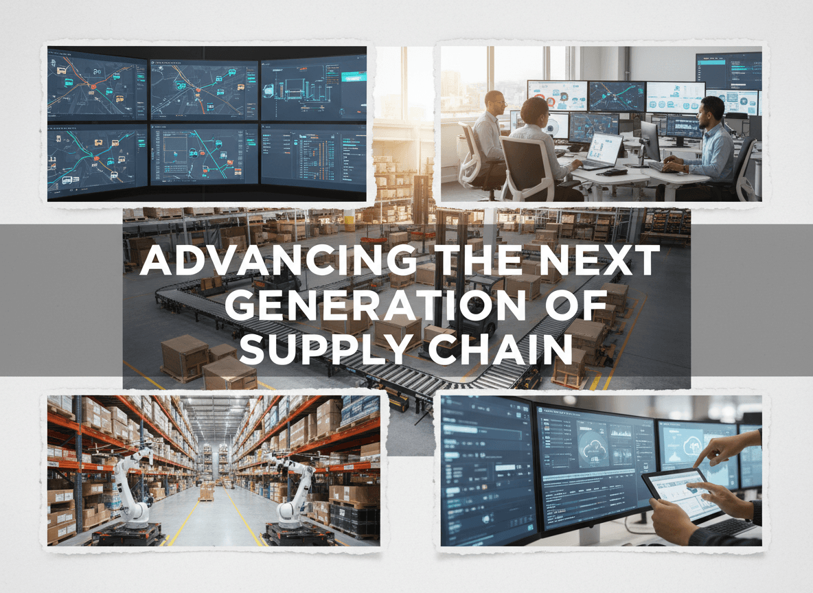 “Next generation supply chain technology showing smart warehouses, logistics dashboards, and real-time fleet operations.”