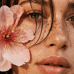 A woman with freckles and a flower delicately placed on her face, showcasing a natural and artistic beauty.