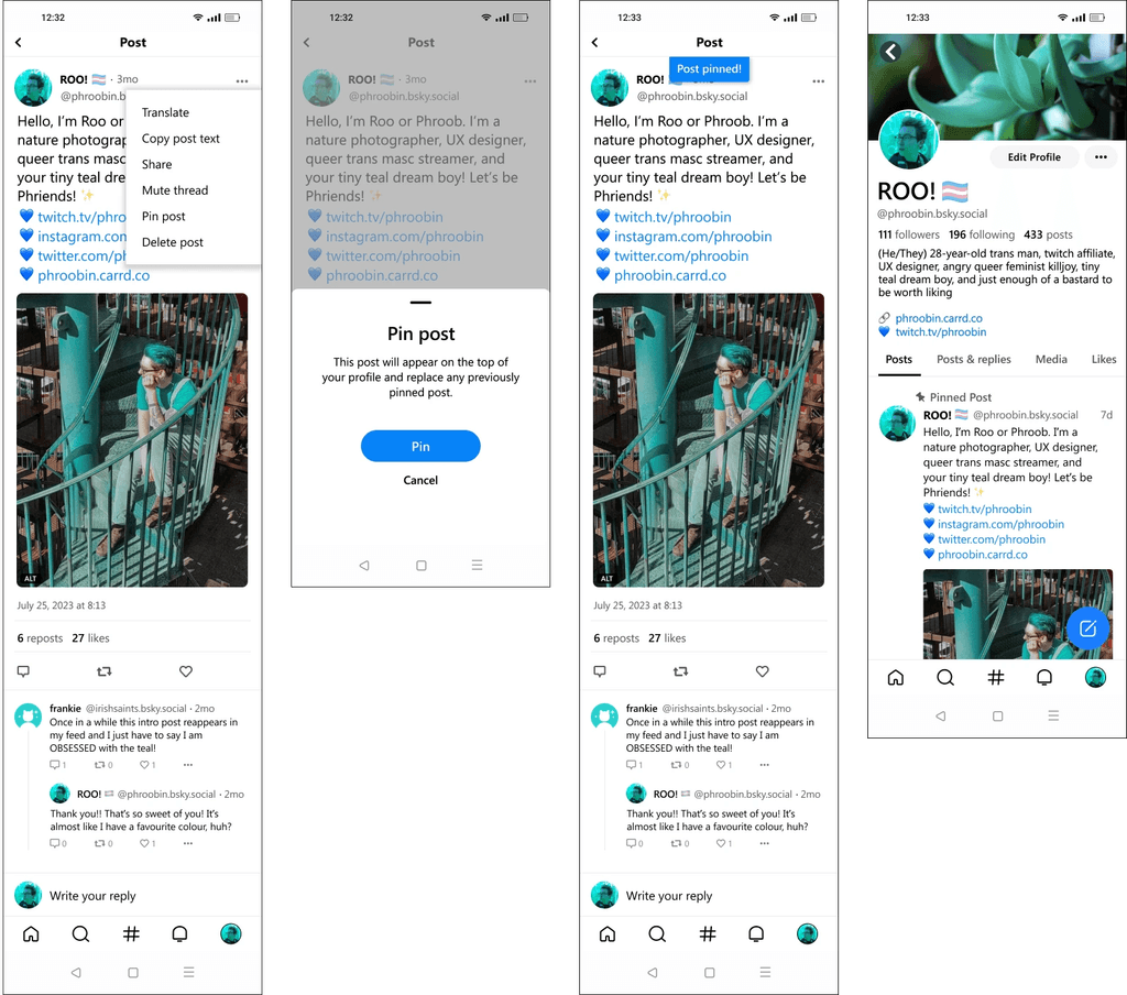 High-fidelity prototype screens that show each step in the pinning a post process.