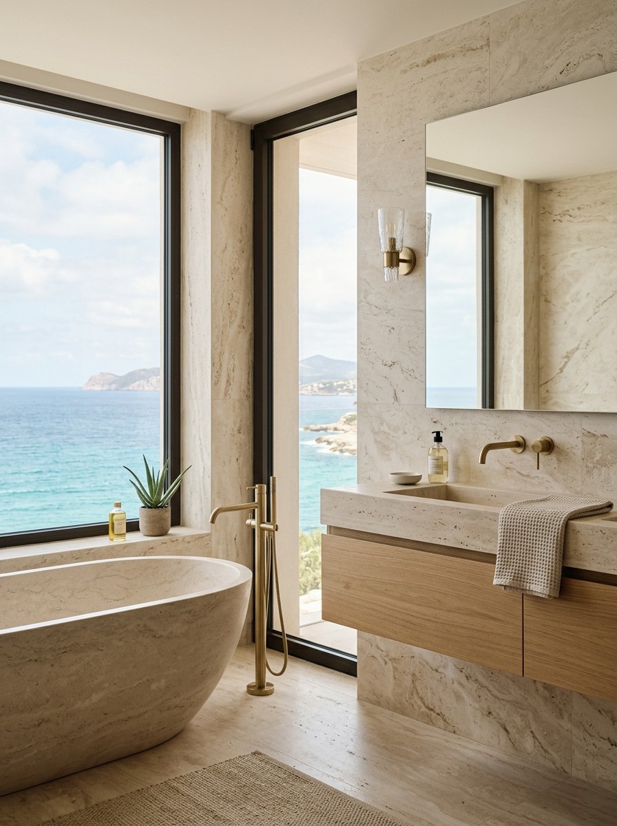 A bathroom with a sea view