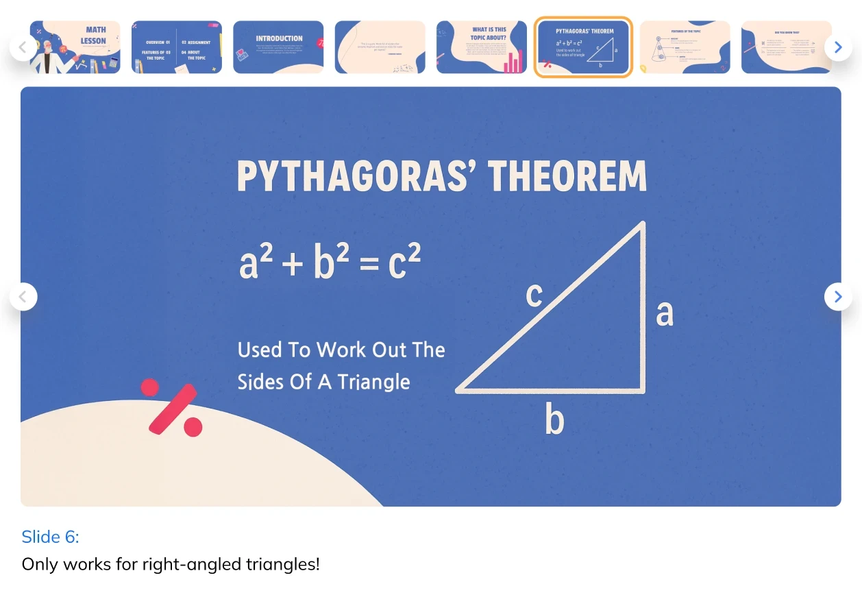 A slide about pythaogras' theorem with annotations.