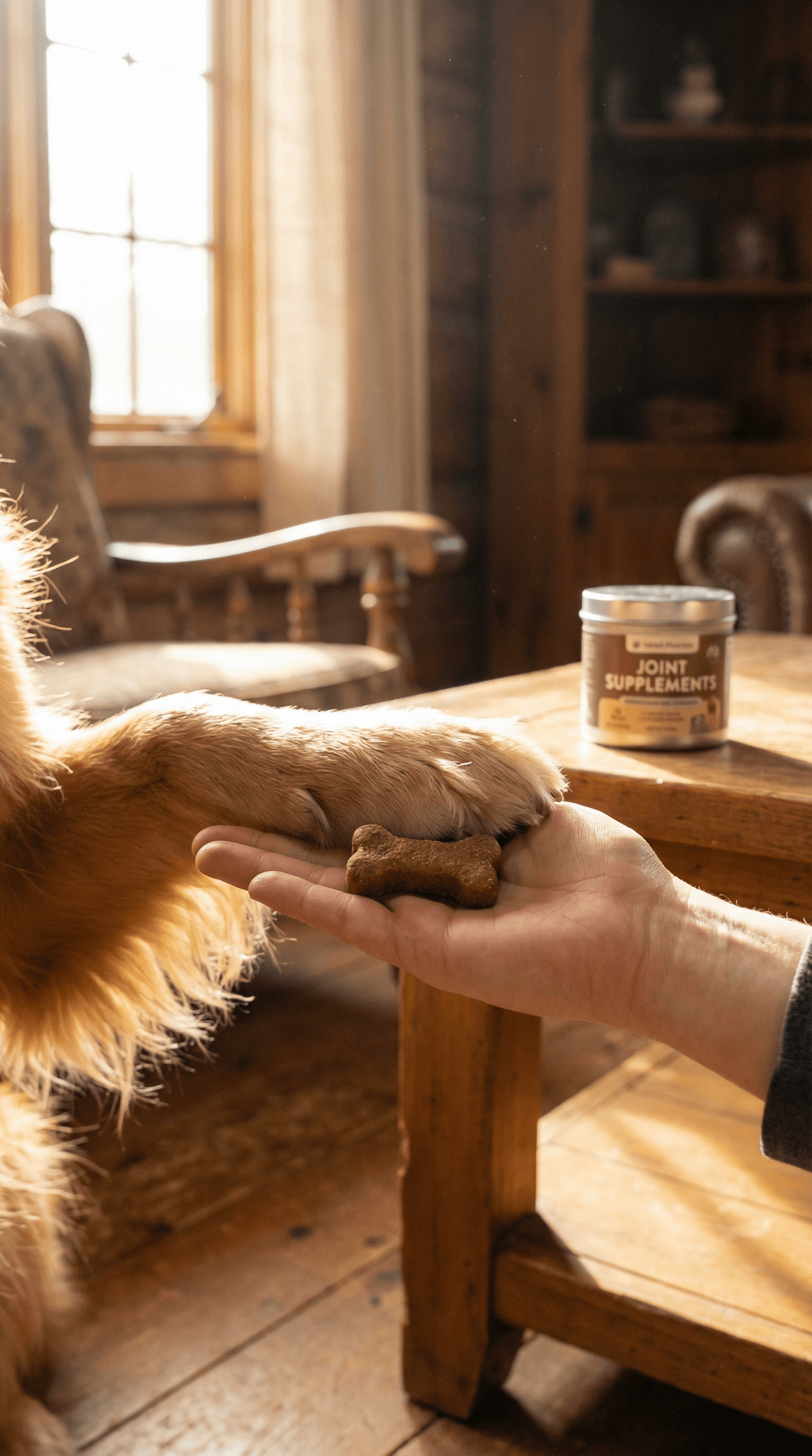 Dog paw resting on a human hand holding a treat, with a joint supplements jar on a table