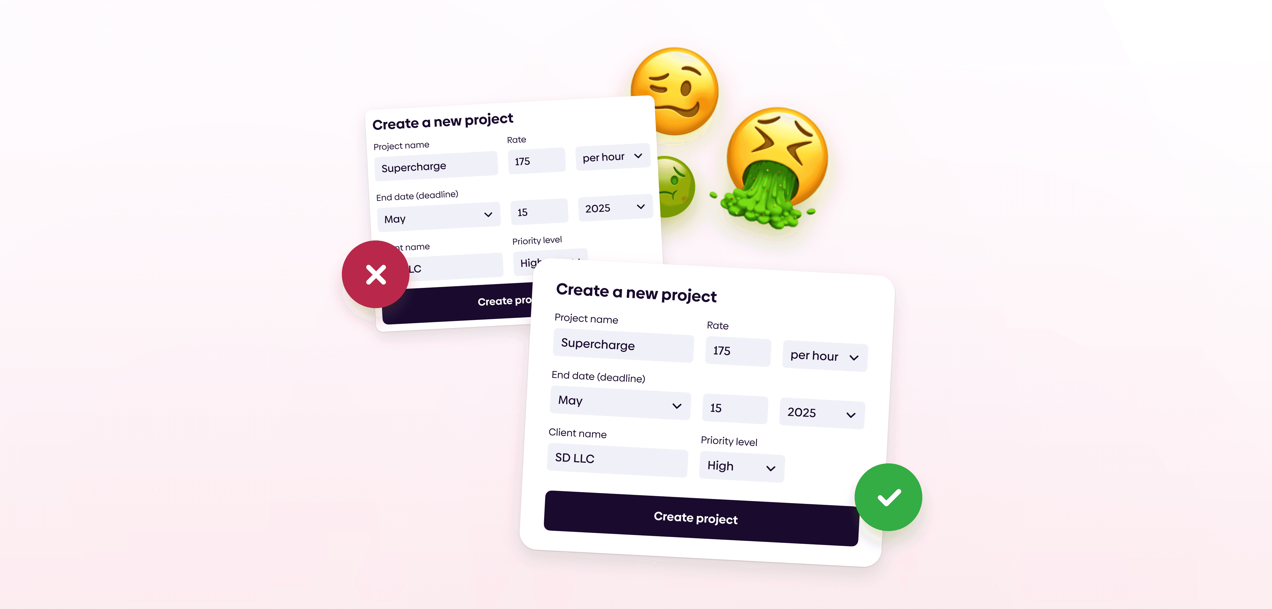 Two “Create a new project” modal forms shown side by side on a light background—one with a red X indicating an incorrect or failed setup, and one with a green checkmark indicating a successful setup—accompanied by expressive emoji illustrating frustration versus success.