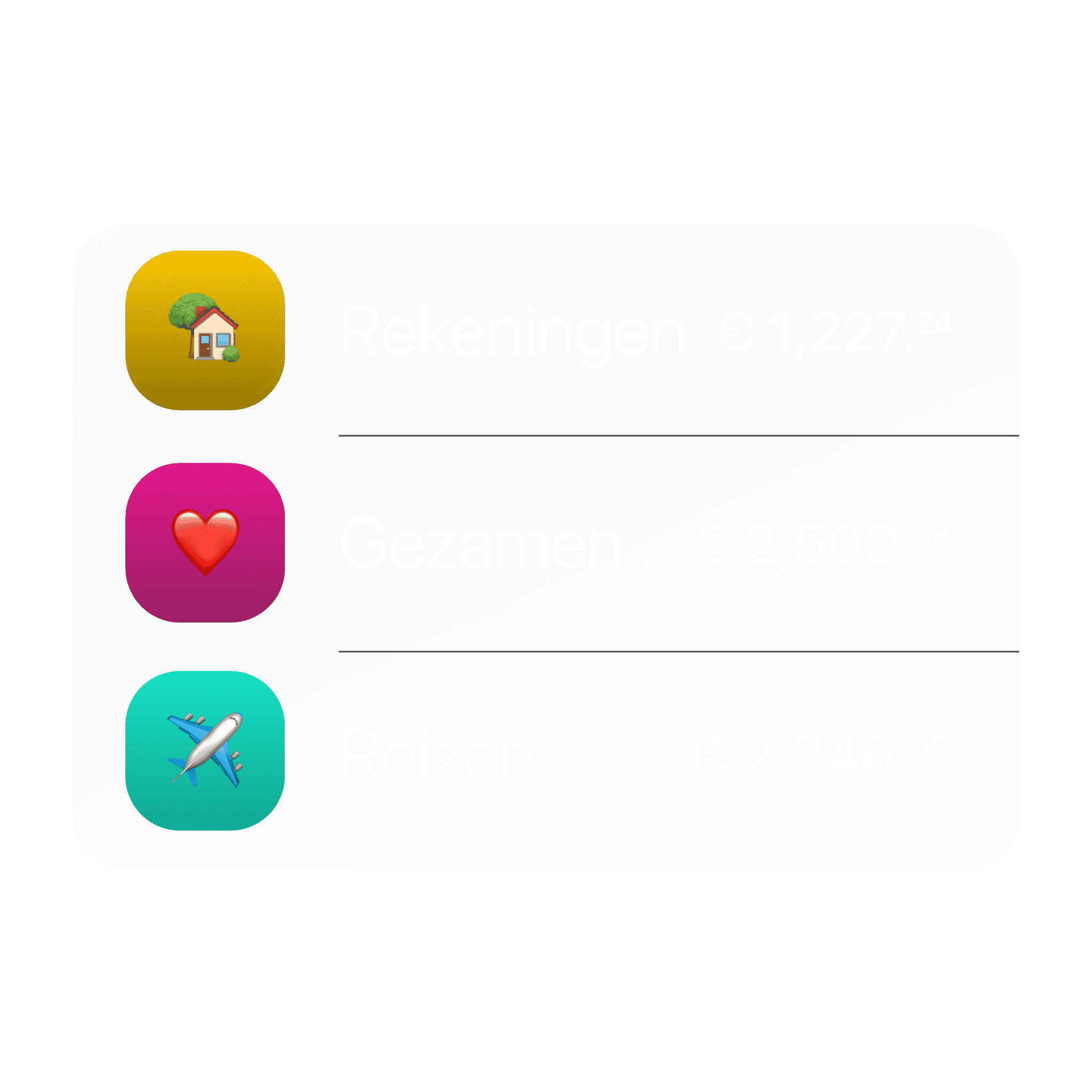 Lijst van rekeningen voor sparen, gezamenlijke en reizen met euro-saldi op gekleurde kaarten.