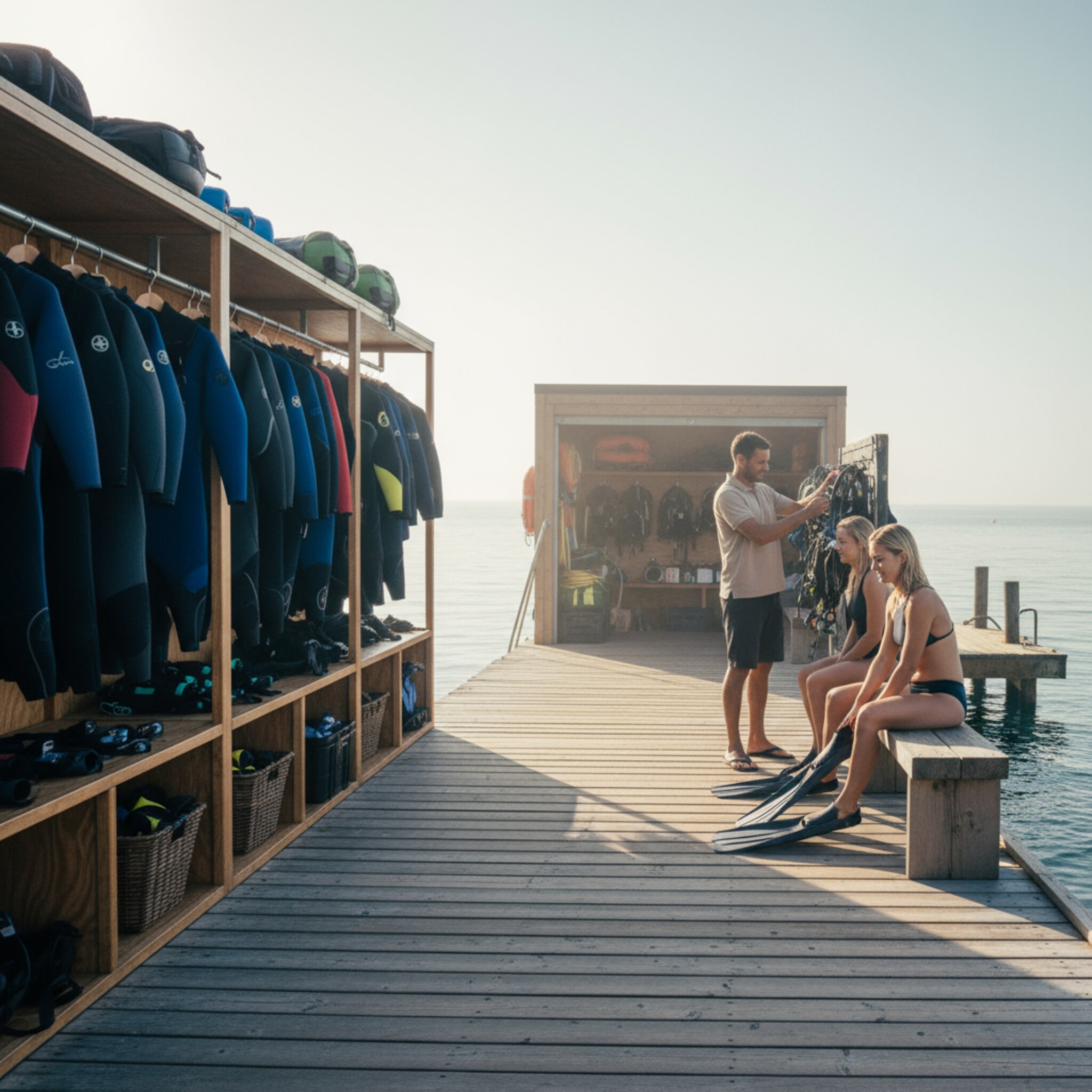 Realistisches Foto, Tauchbasis am Steg, Regale mit Neoprenanzügen in verschiedenen Größen, Mitarbeiter ordnet Ausrüstung, Taucher probieren Flossen an, lebendige Alltagsstimmung, keine Bildschirme.