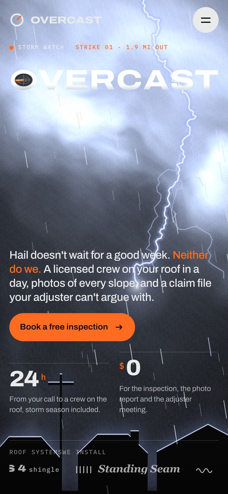 Overcast Roofing Co. landing page on a phone