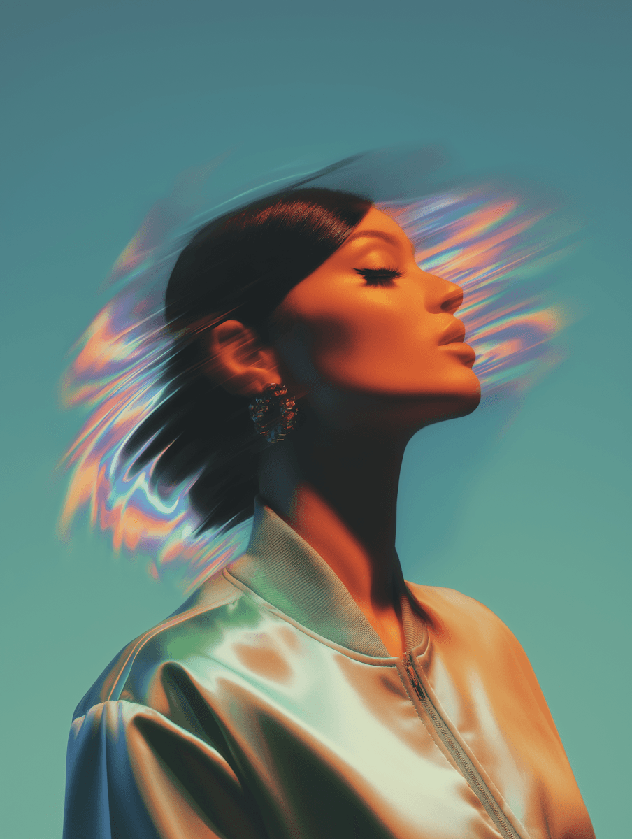 Woman in shiny attire with reflected light, dark background, and stylish hair and earrings.