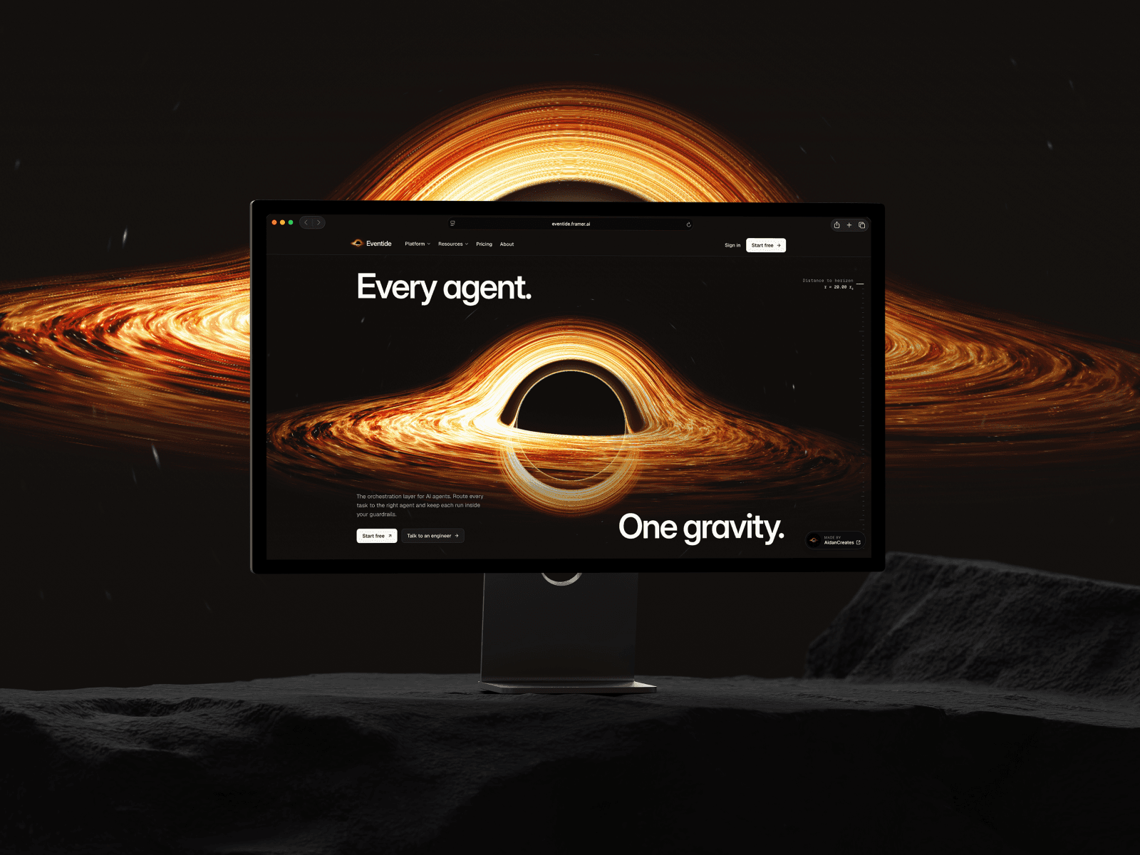 Eventide Framer template hero with WebGL black hole