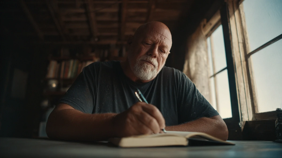 Man writing in journal at desk