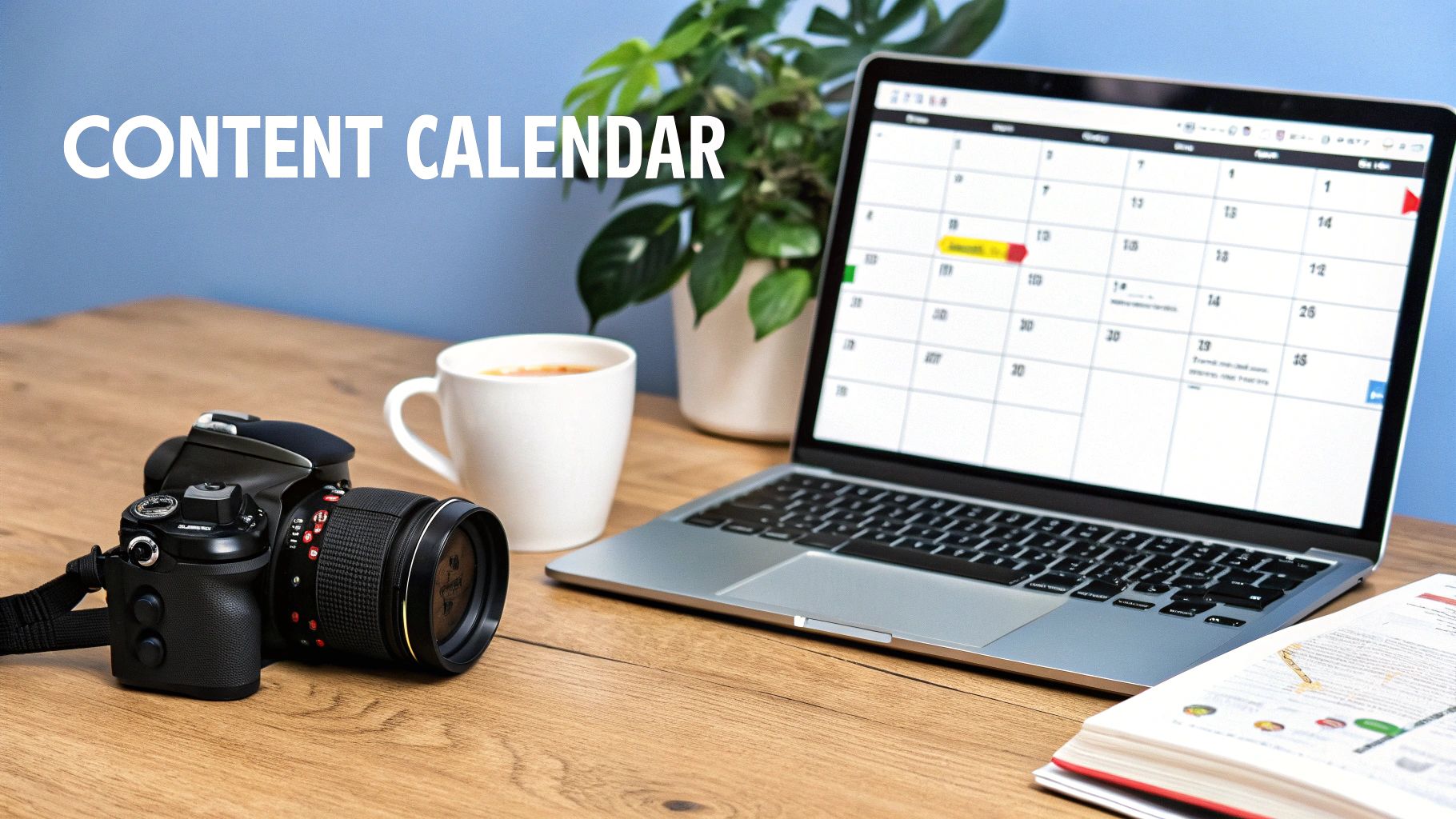 A desk with a laptop displaying a content calendar, a camera, and a coffee mug, symbolizing content planning.