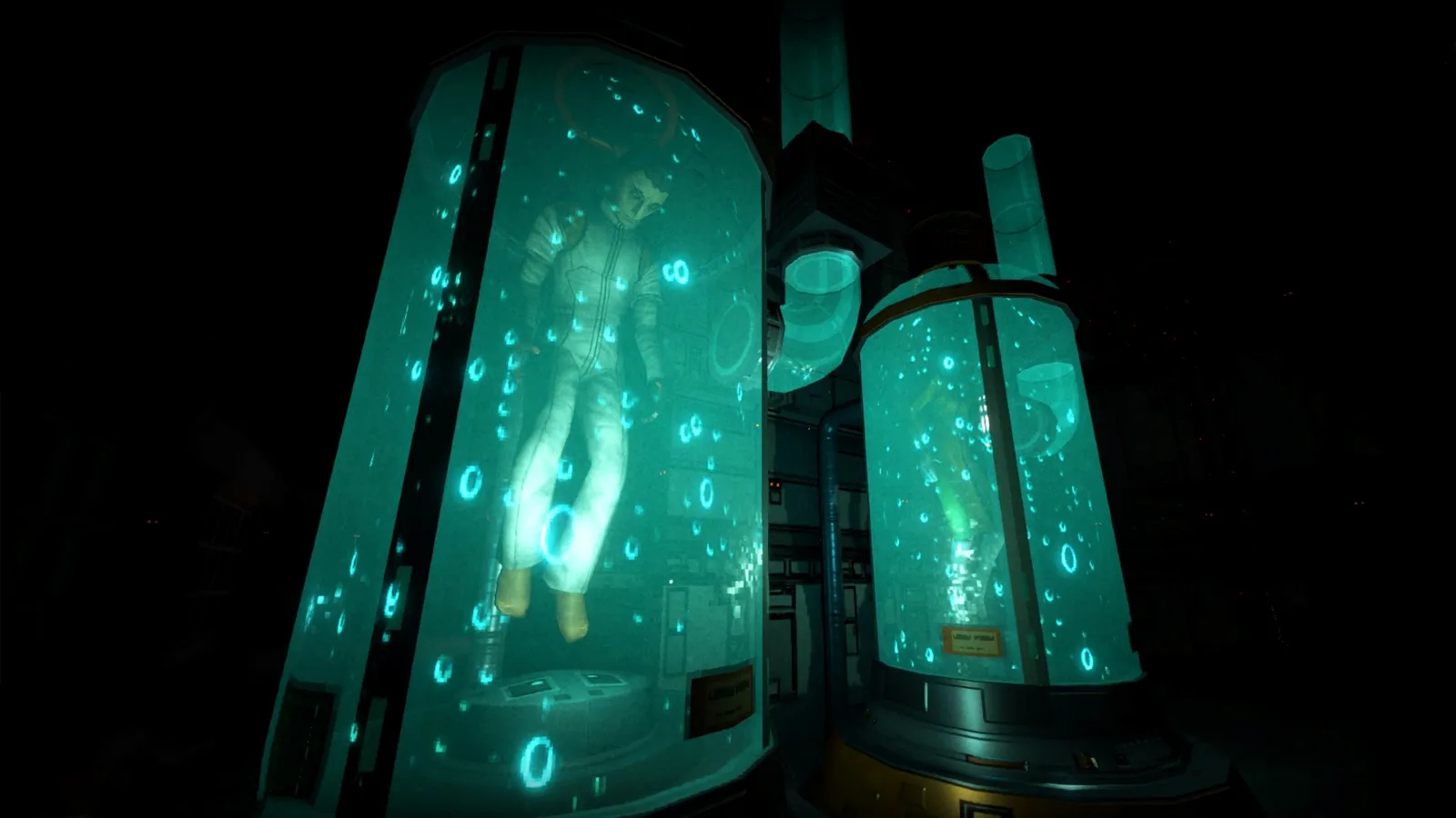 A dimly lit laboratory features two large, glowing teal containment tubes filled with mysterious liquid, housing lifeless human figures in a futuristic sci-fi setting.