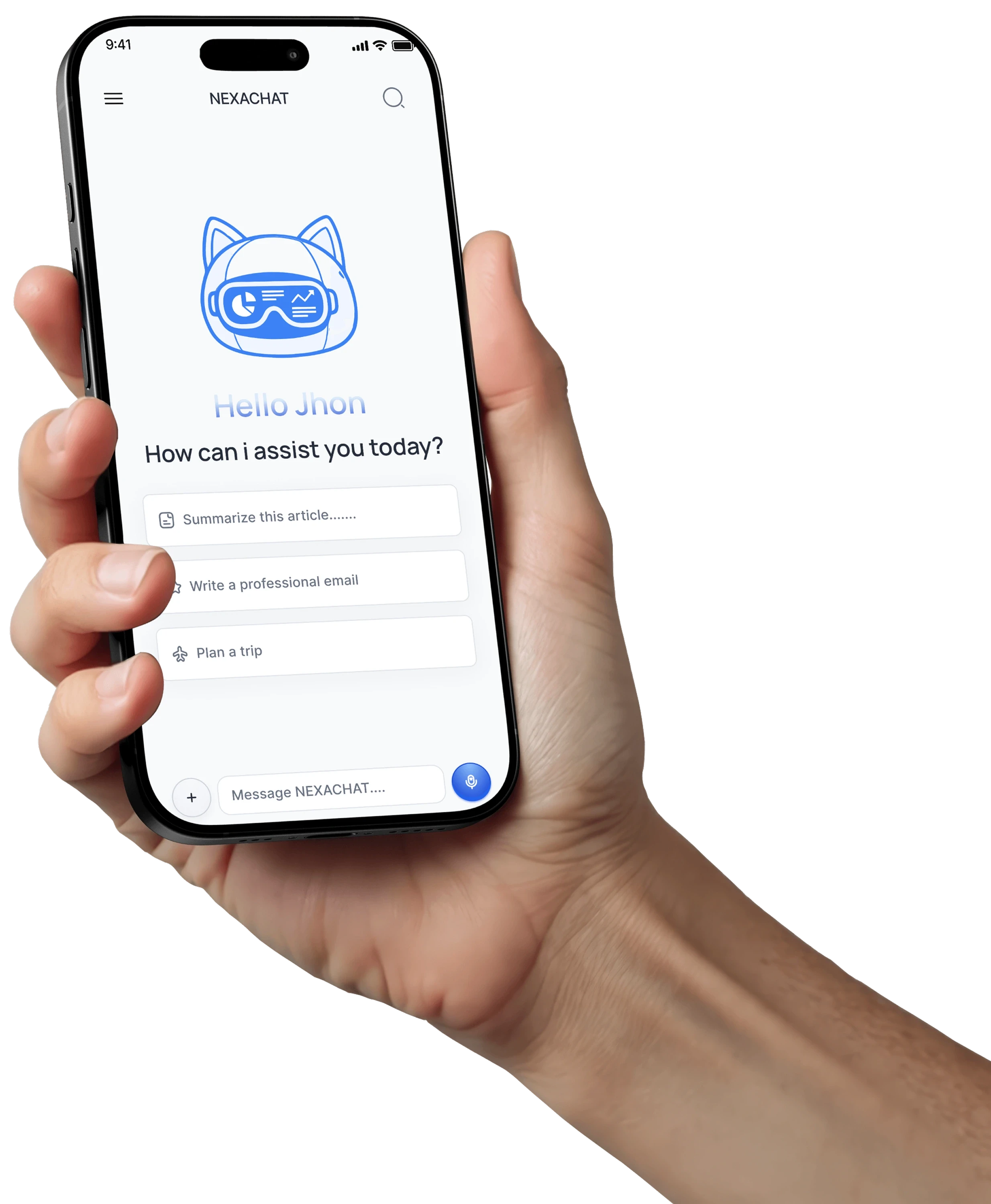 Hand holding an iPhone displaying the NEXA Chat AI assistant app.