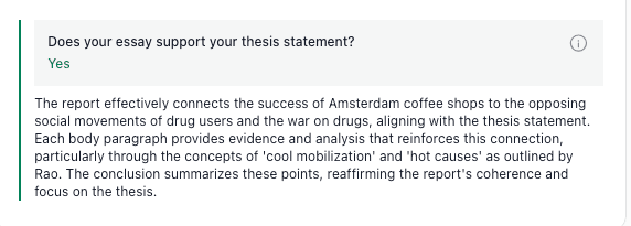 thesify feedback confirming that an essay effectively connects specific concepts to its thesis statement through evidence and analysis in body paragraphs.