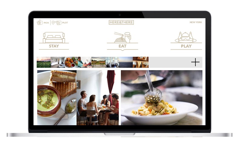 A tablet device displays a menu interface with icons for “STAY,” “EAT,” and “PLAY.” The “STAY” icon shows a couch, the “EAT” icon shows a spoon and mug, and the “PLAY” icon shows a skateboard. Below the menu, a grid of thumbnail images shows people eating and drinking at tables. A plus sign appears to the right of the menu.