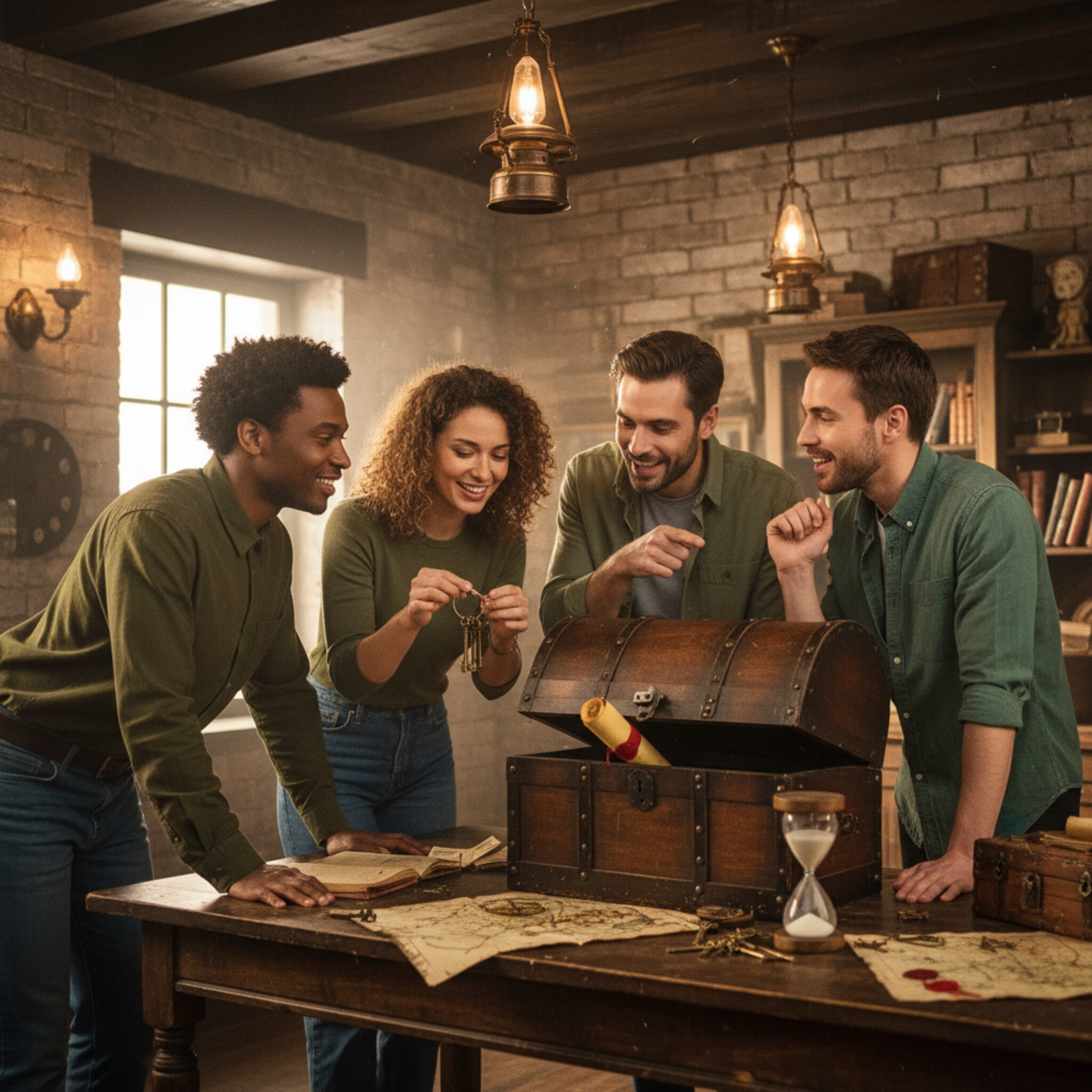 Eine Gruppe von vier Freunden steht in einem halbdunklen Raum vor einer verschlossenen Truhe. Warmes Licht fällt auf vergilbte Karten und Messing-Schlüssel, eine Sanduhr rieselt. Ein leiser Klick aus der Wand verrät den nächsten Hinweis. Konzentrierte Gesichter, dann bricht kurzer Jubel die Stille.