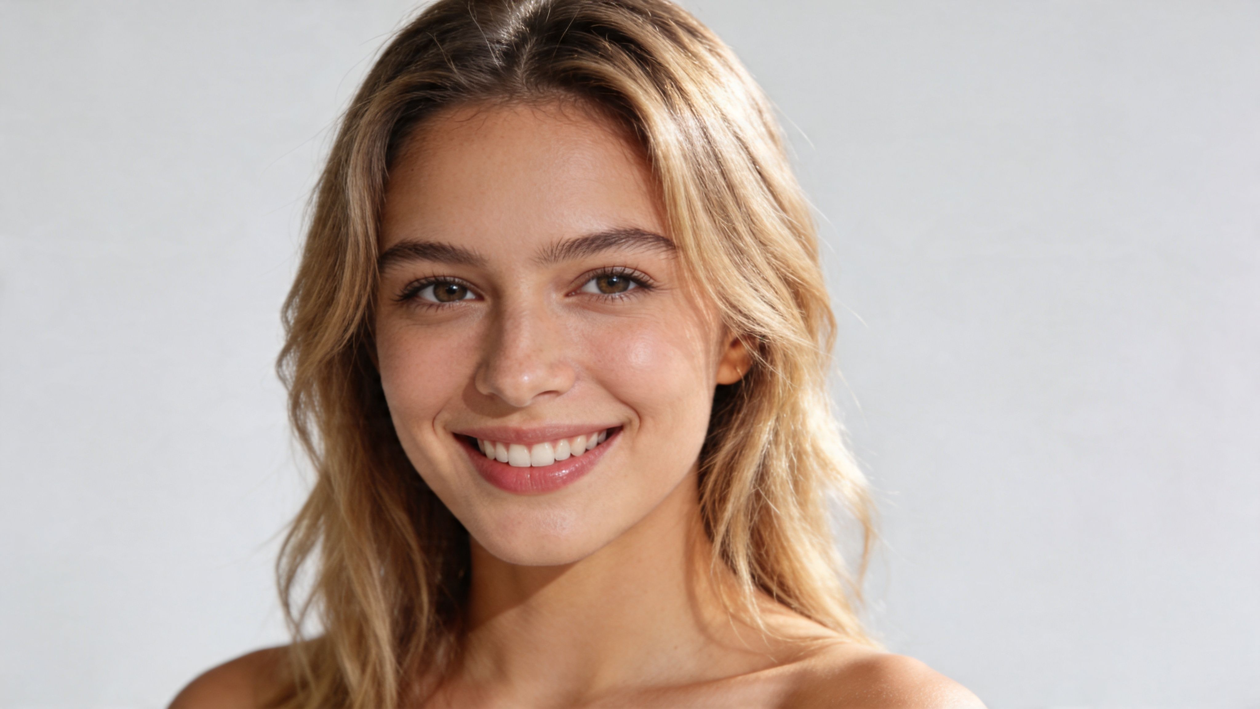 Eine junge, natürlich aussehende Frau mit blondem Haar lächelt freundlich in die Kamera vor neutralem Hintergrund.