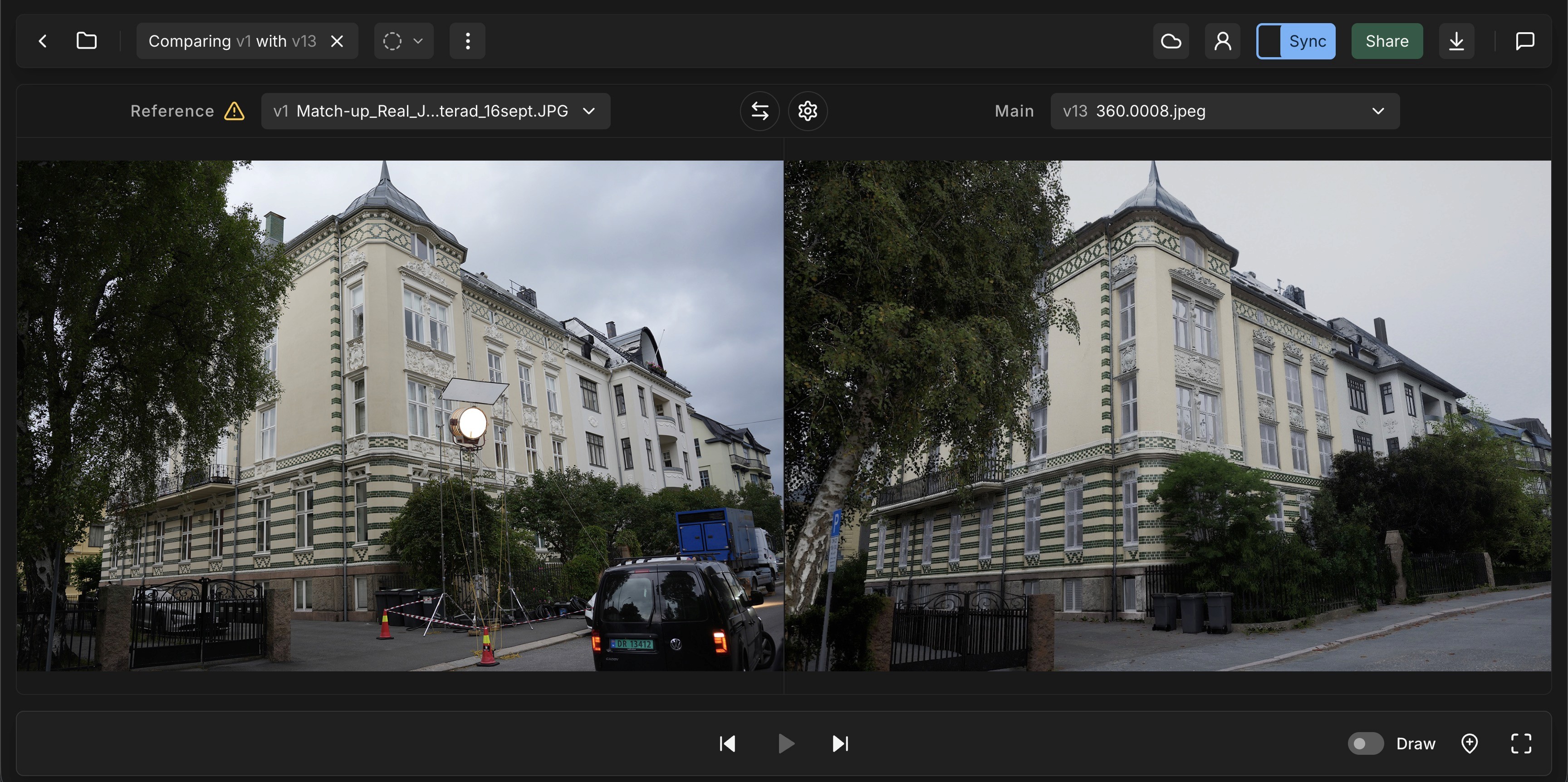 Split-screen version comparison of a building in KLASH.