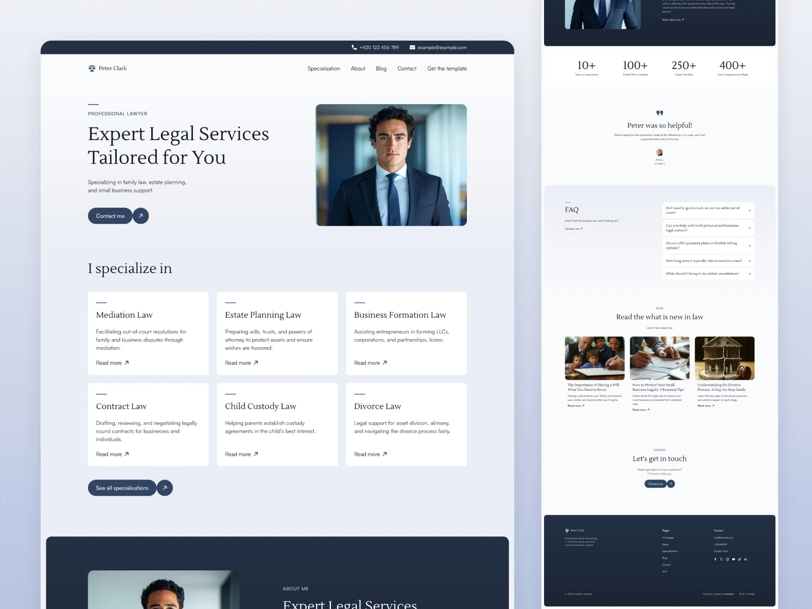 Lawfolio lawyer and attorney template with specialization cards, FAQ section, blog posts, contact form, and stats overview.