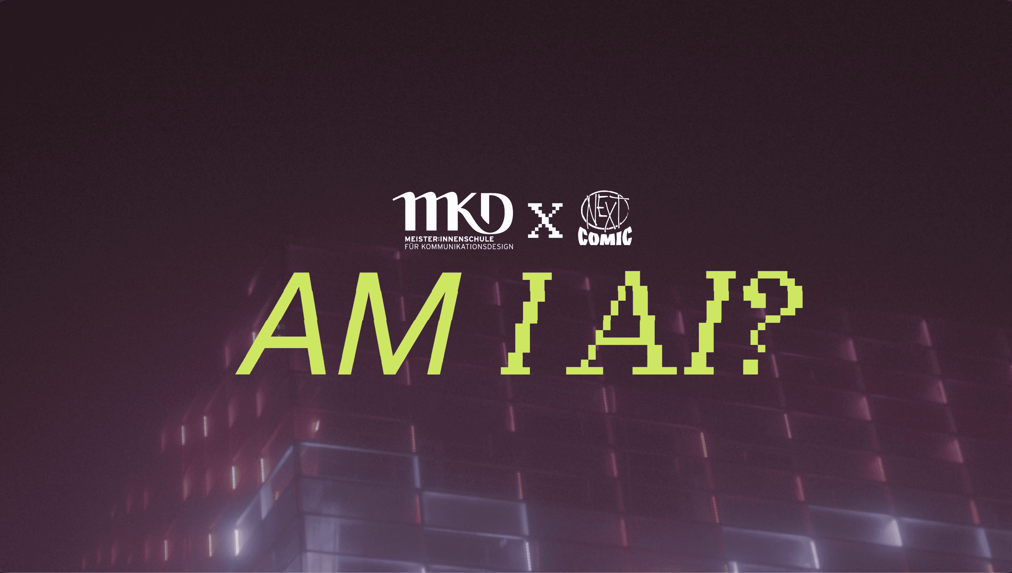 Text on a digital background reads "AM I AI?" with a futuristic design and a pixelated aesthetic.