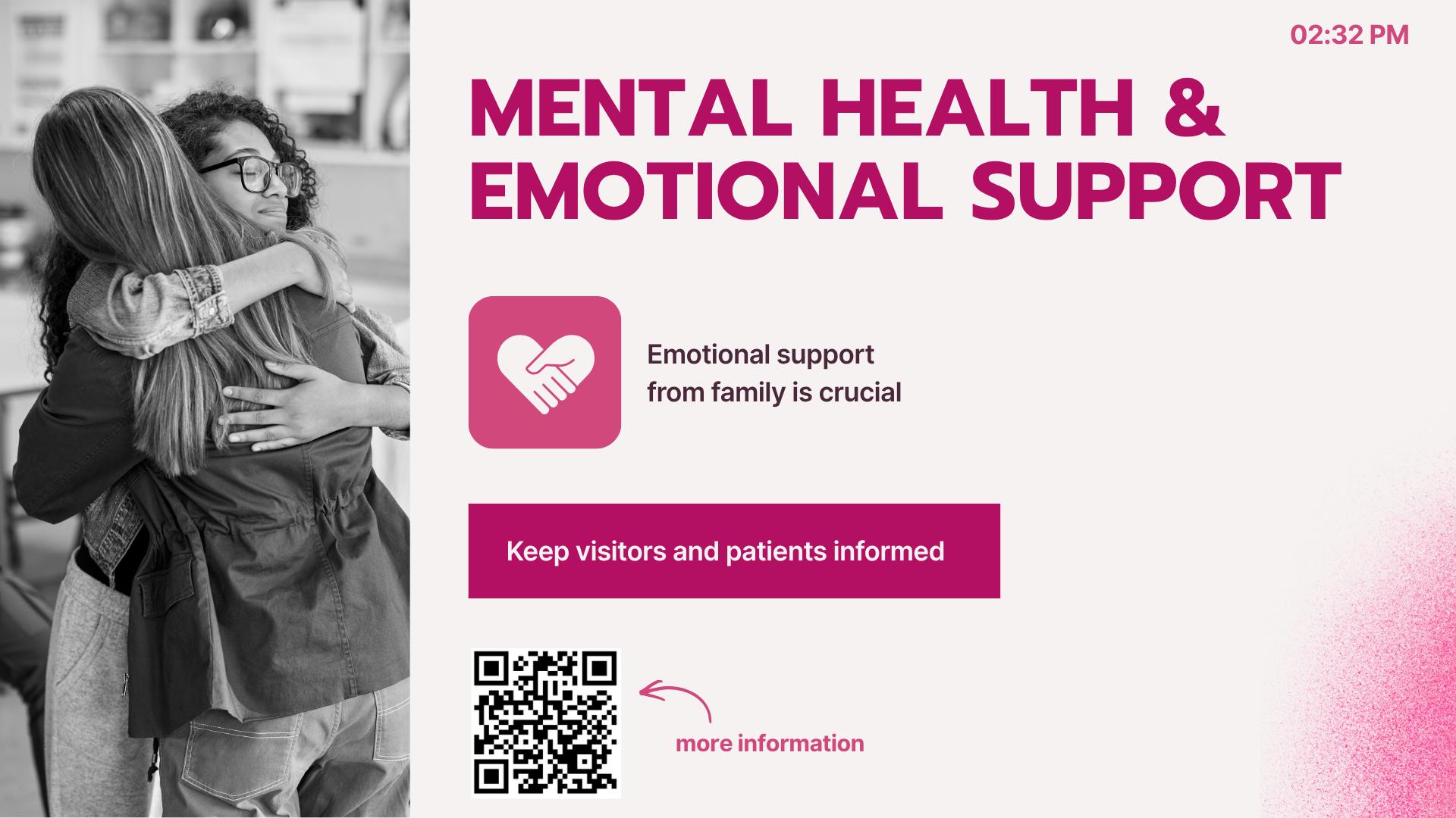 Digital signage screen for healthcare displaying mental health and emotional support information for patients and visitors