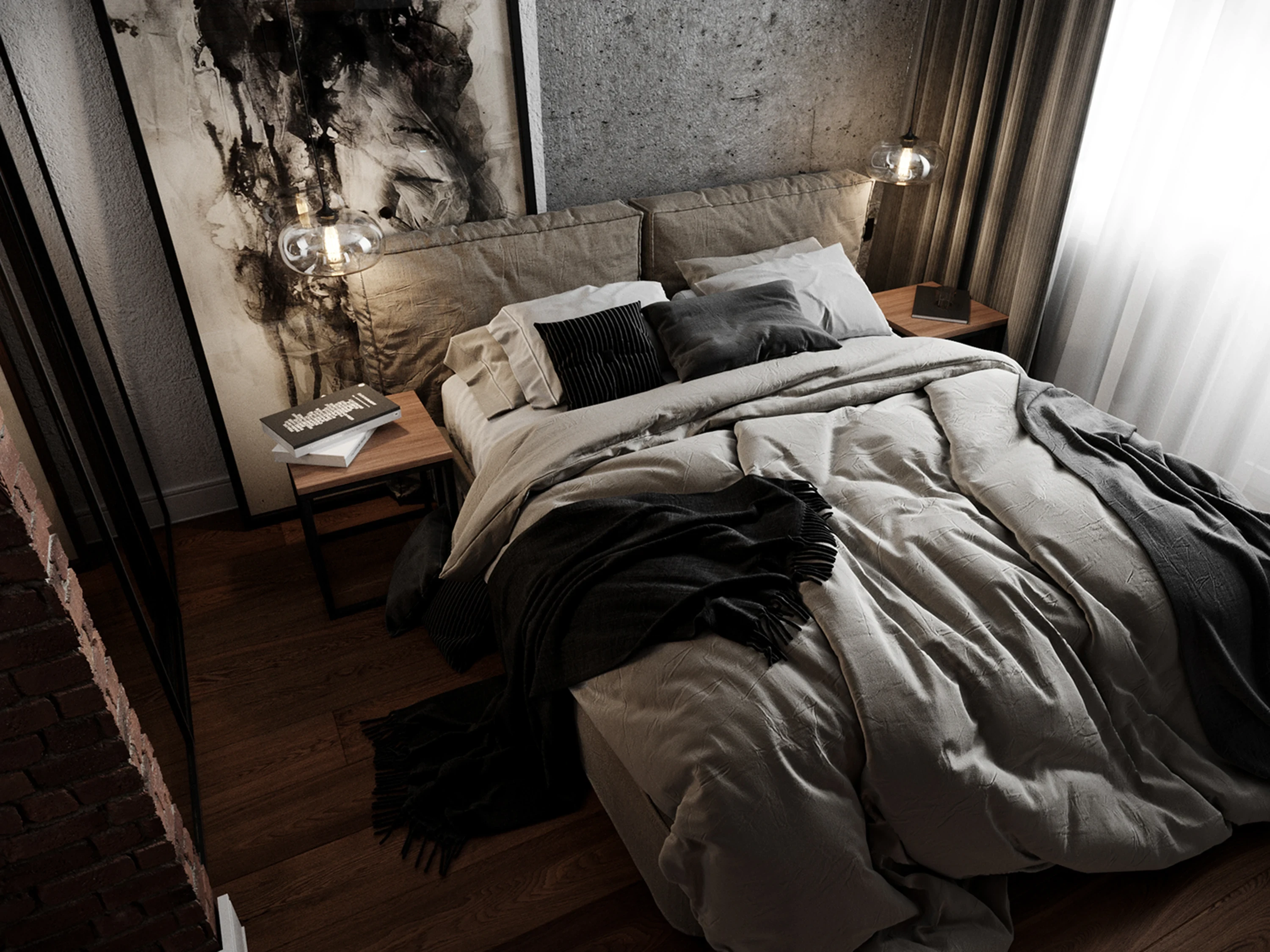 Détail — joint creux entre lambris et minéral.