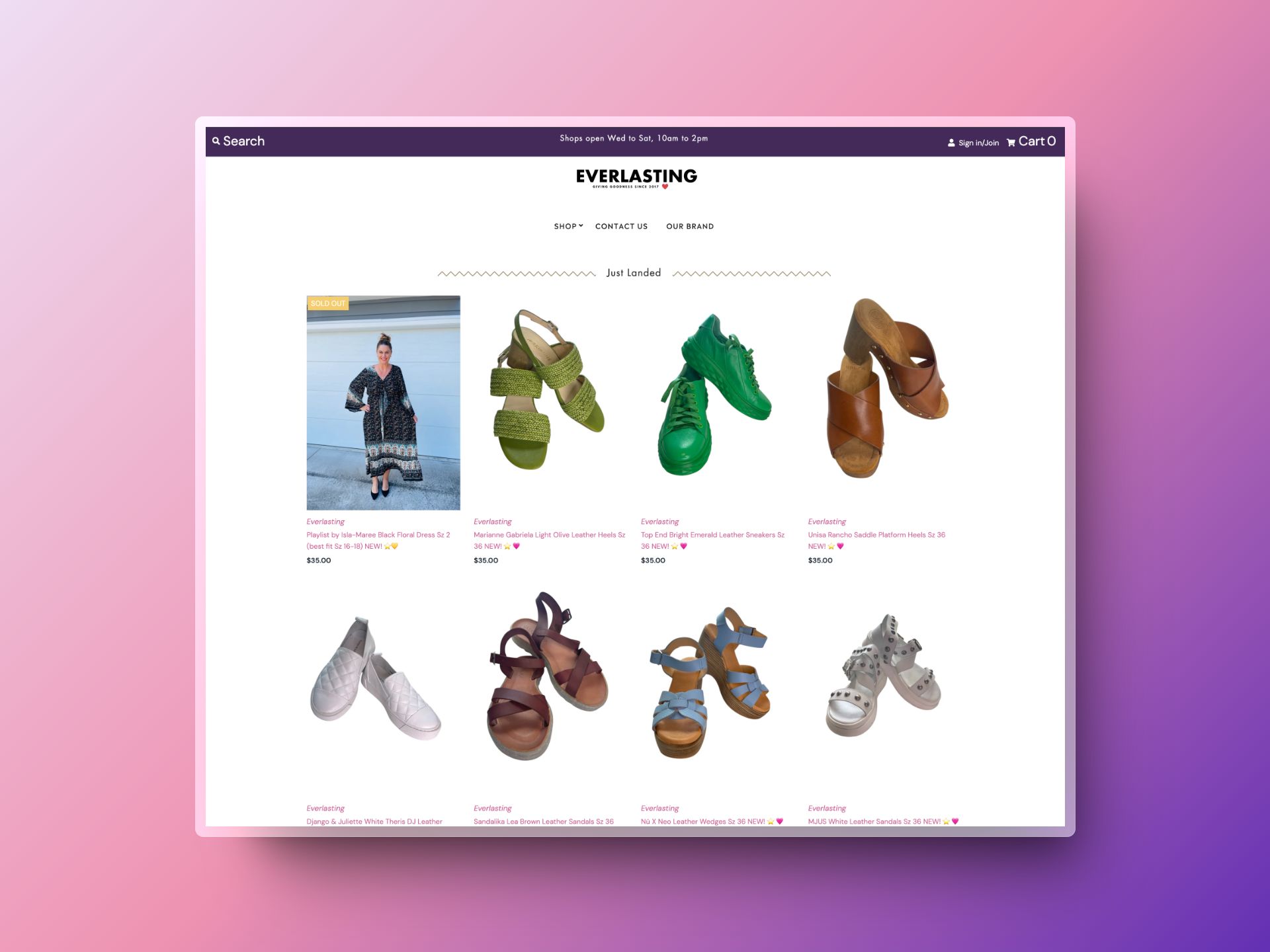 Everlasting's shop page displaying sustainable secondhand shoes and dress, priced at $35, supporting women in need across New Zealand