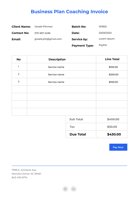 Business Plan Coaching Invoice