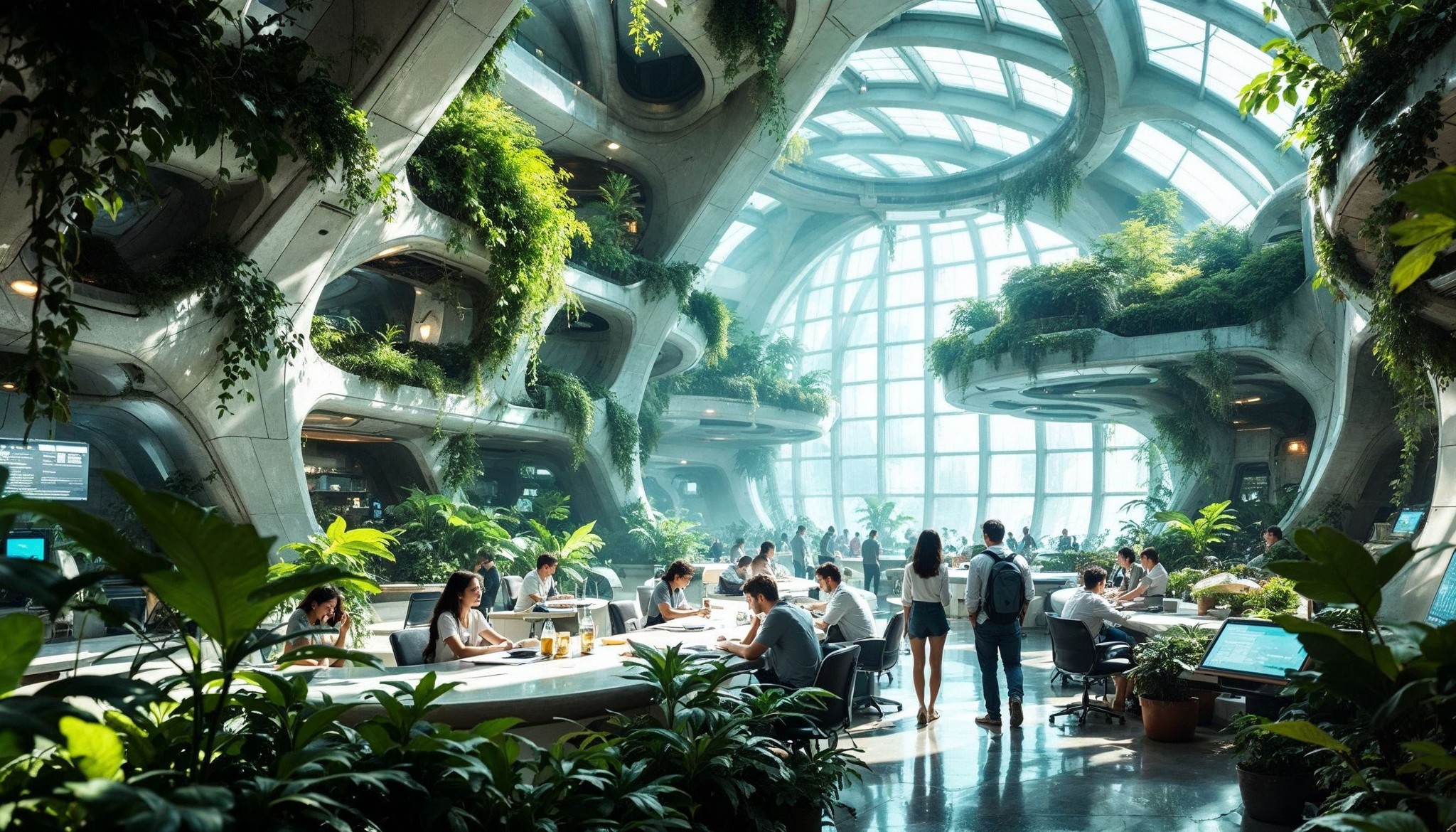 Futuristic indoor garden with people working at desks under a large, glass-domed ceiling. The structure is surrounded by lush greenery, creating a serene and eco-friendly atmosphere.