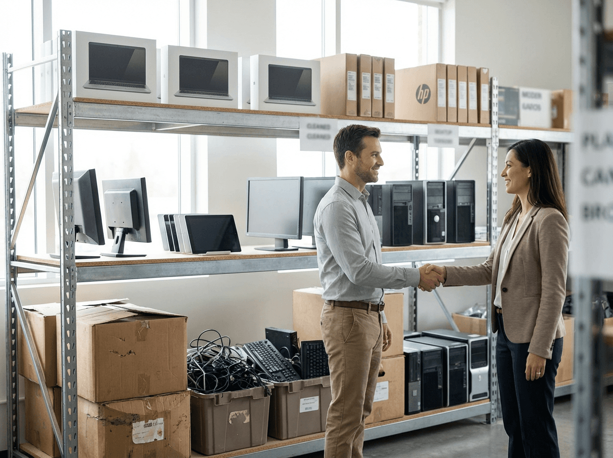 Futuristische illustratie van serverracks en storage-arrays verbonden door abstracte netwerkverbindingen, symbool voor verlenging van IT lifecycle en betrouwbare infrastructuur