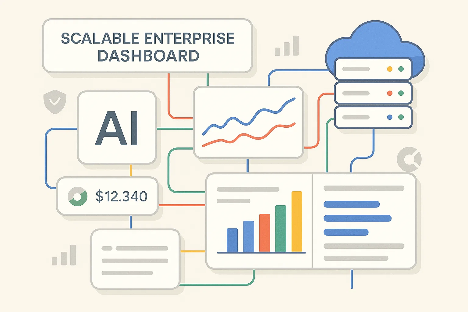 Modern AI-powered enterprise dashboard with charts, data visualization, and connected cloud servers in Google flat vector style.