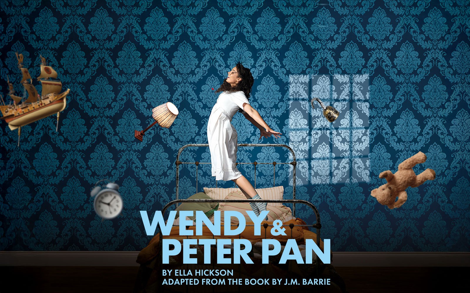 Wendy flying in a bedroom with floating objects, promoting Wendy & Peter Pan West End show.
