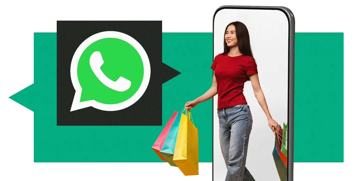 Mulher fazendo compras on-line e, ao lado, um ícone do WhatsApp