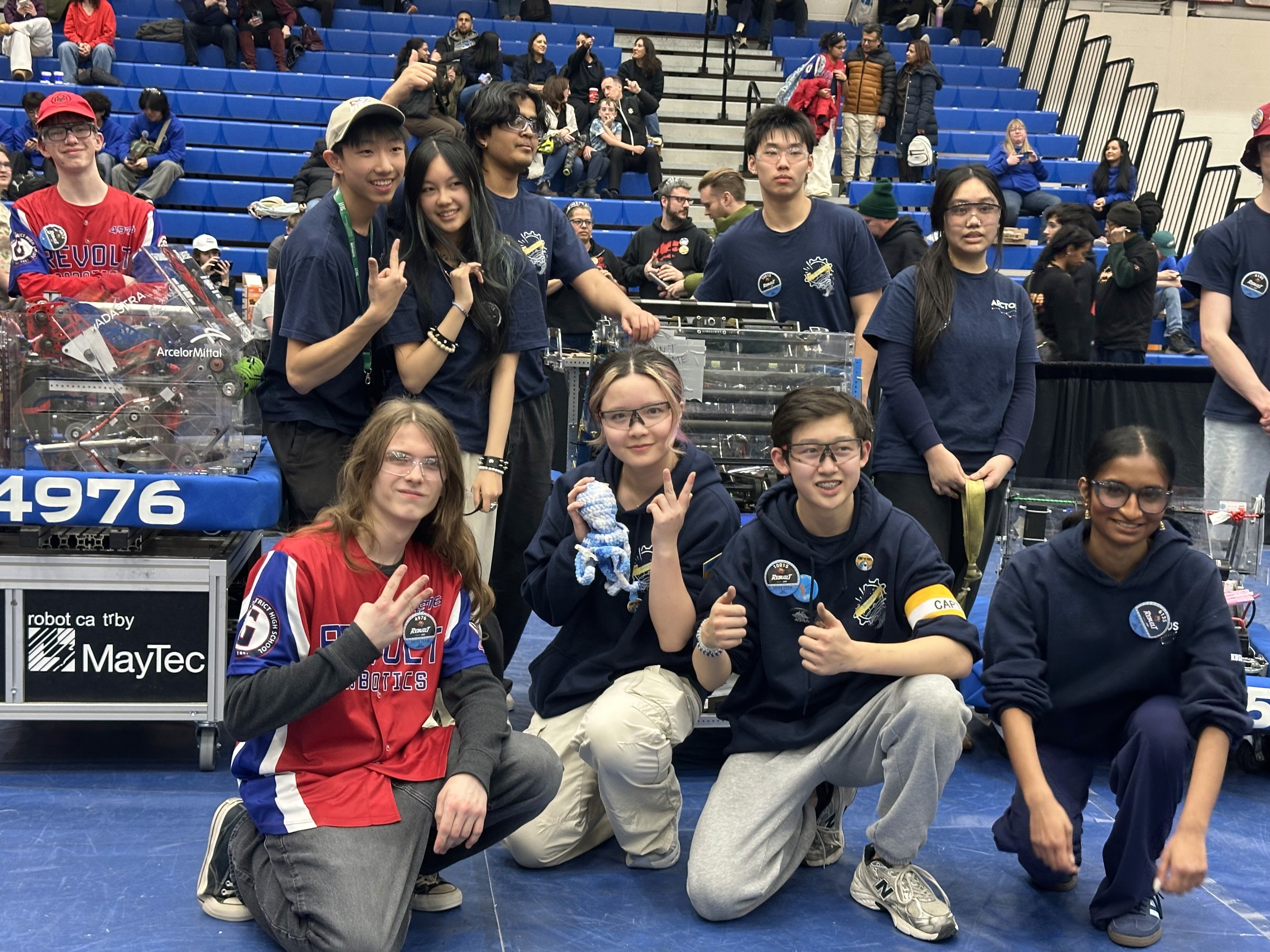 Led by captain Ryan Zhang, FRC Team 10015 Bubbles poses with Alliance 3 partners Team 4976 Revolt Robotics and Team 6135 Arctos at the 2026 Durham District Event.