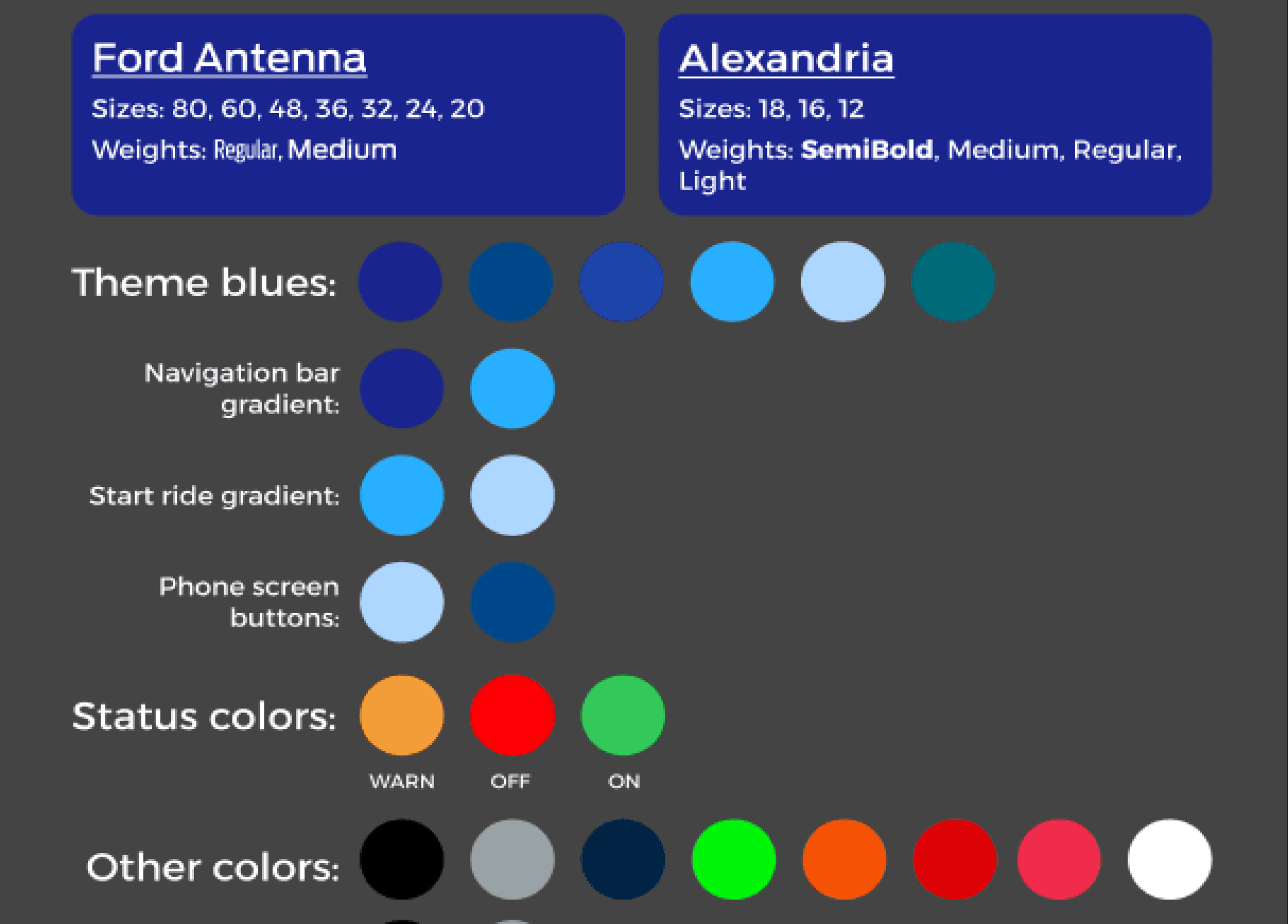 Snippet of style guide for EZ Bike, showing information about 2 key fonts, theme colors, and other warning colors
