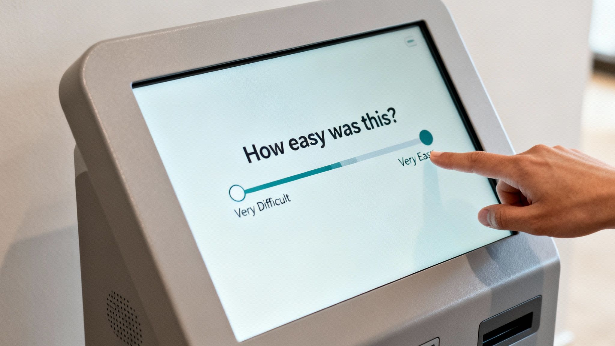 A person's hand touches a touchscreen kiosk, selecting 'Very Easy' on a 'How easy was this?' survey slider.