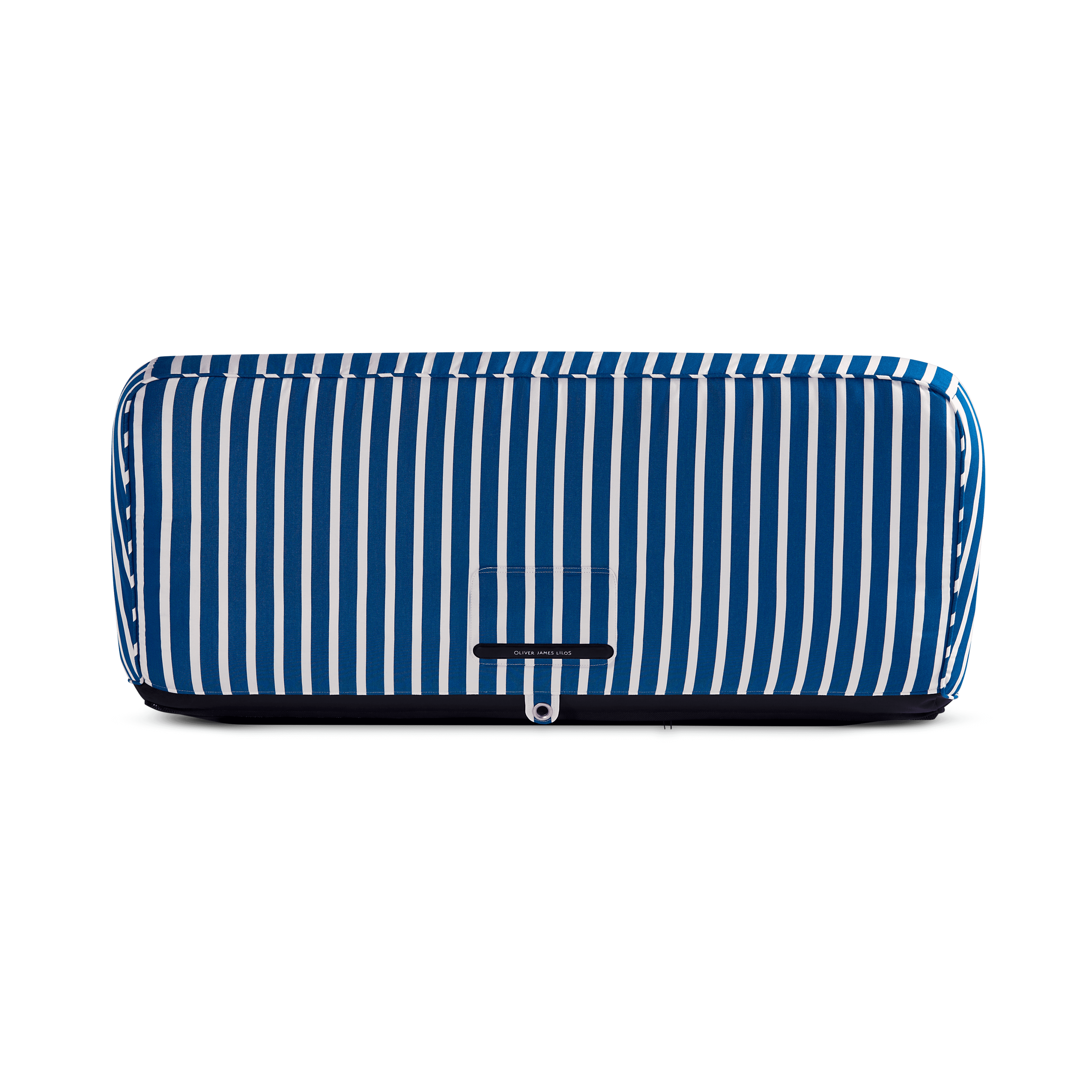 Double pool float side profile showing blue-and-white striped panels and contrasting jet-black base