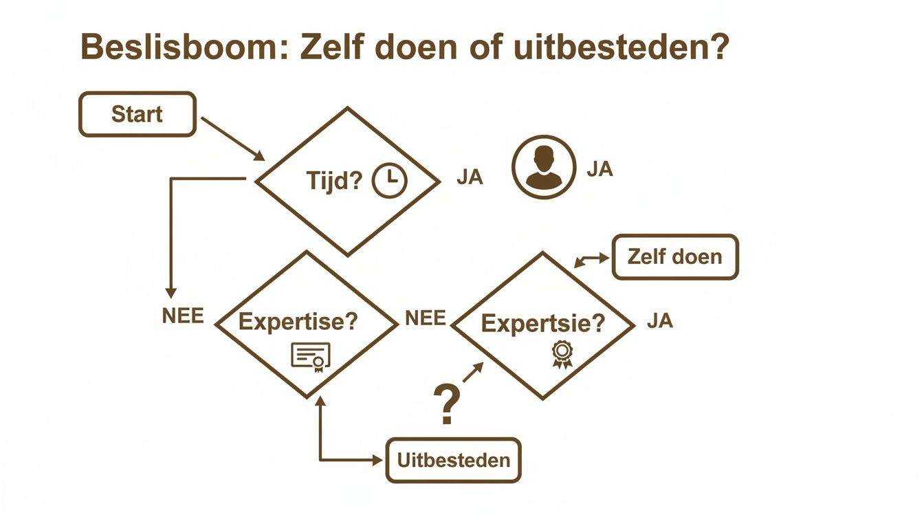 Beslisboom voor de keuze tussen zelf doen of uitbesteden, waarbij tijd en expertise de leidraad zijn.
