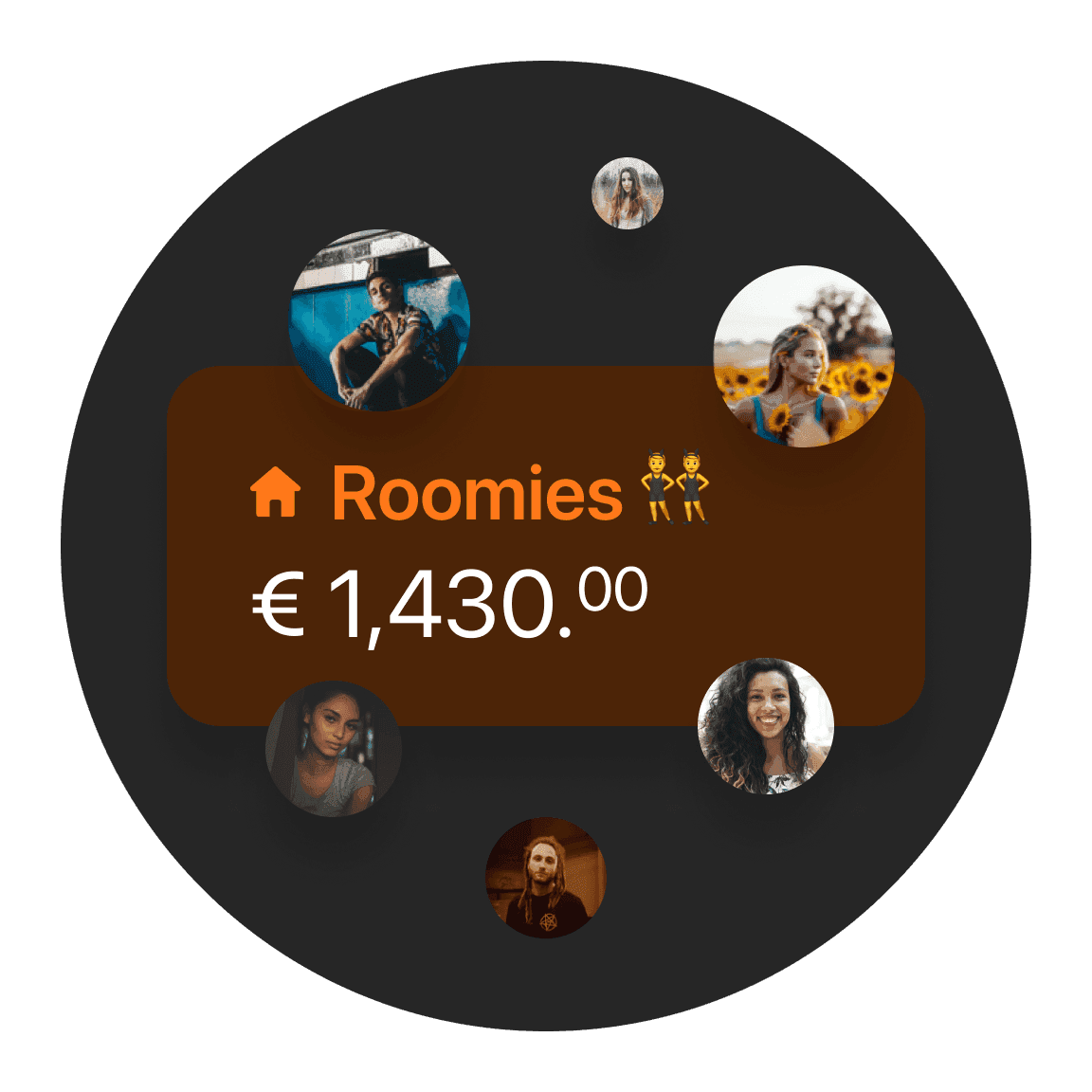 Circular graphic displaying "Roomies" and a price of €1430, surrounded by small images of people.