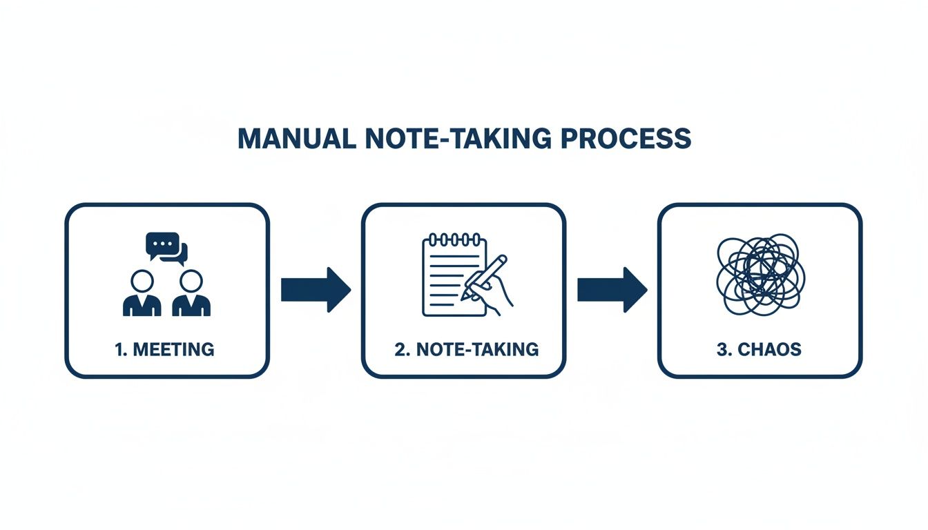 A three-step diagram illustrates the manual note-taking process: meeting, note-taking, and resulting chaos.